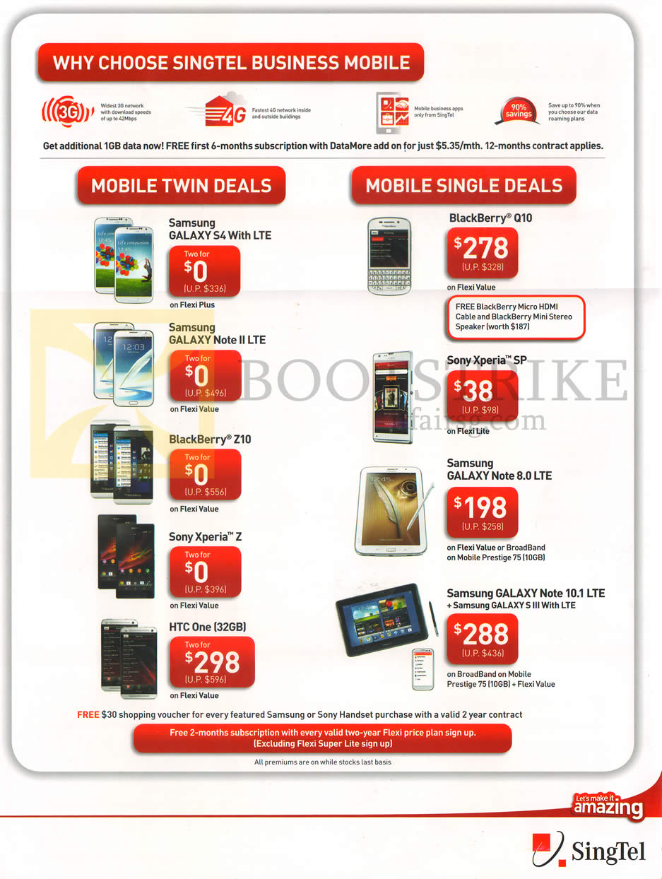 PC SHOW 2013 price list image brochure of Singtel Business Mobile Samsung Galaxy S4, Note II LTE, Note 8.0 LTE, Note 10.1 LTE, Blackberry Z10, Q10, Sony Xperia SP, Z, HTC One