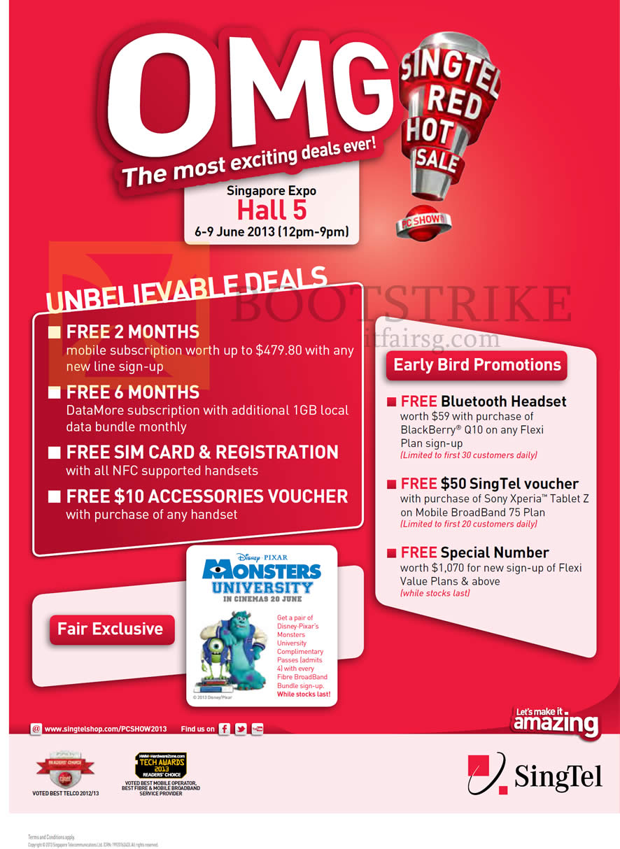 PC SHOW 2013 price list image brochure of Singtel Early Bird Free Bluetooth Headset, Voucher, Special Number, Free Months, Sim Card, Accessories Voucher