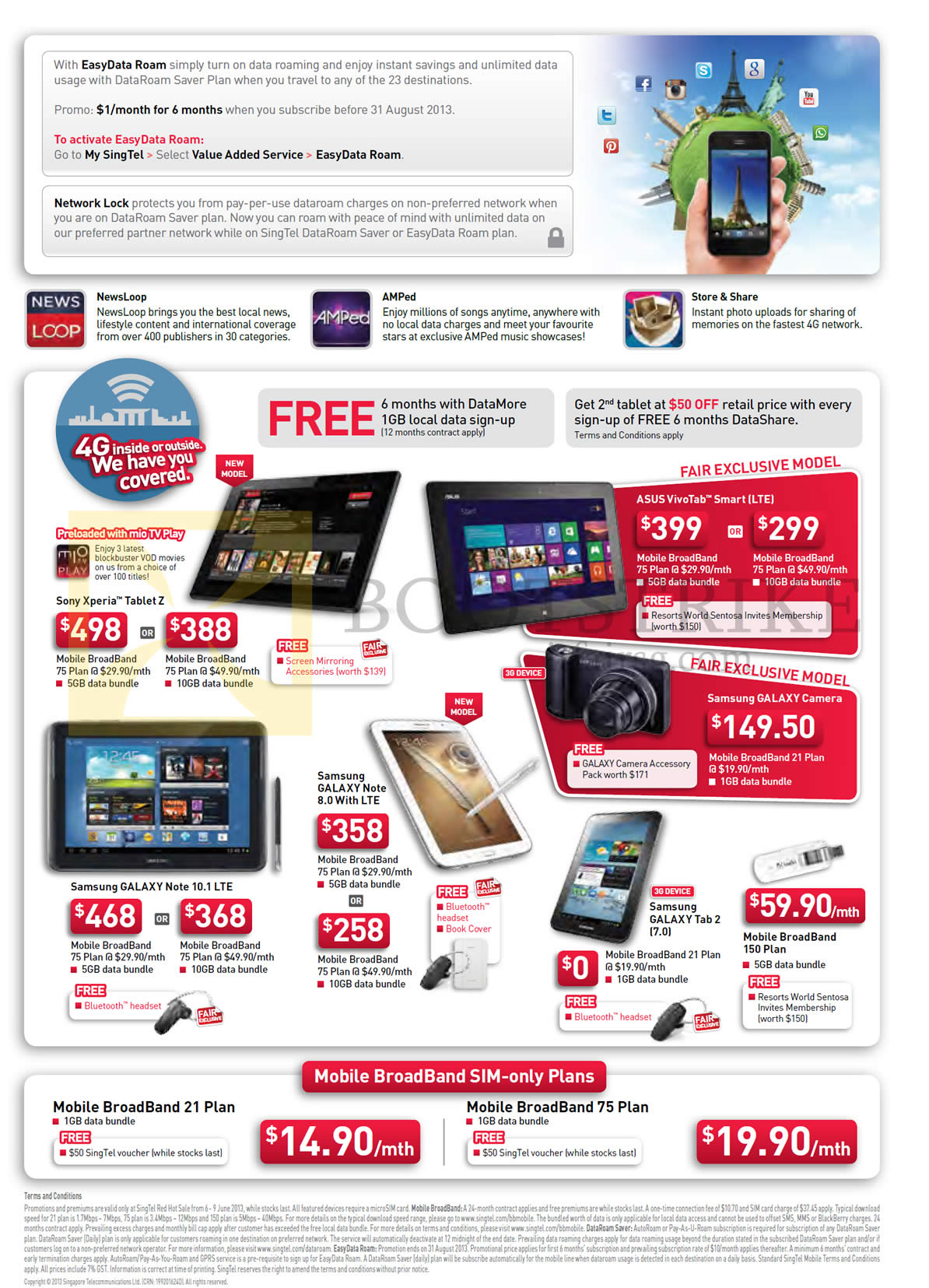 PC SHOW 2013 price list image brochure of Singtel Mobile Broadband Plans, Tablets Sony Xperia Tablet Z, ASUS VivoTab Smart LTE, Samsung Galaxy Camera, Note 8.0, Note 10.1 LTE, Tab 2 7.0