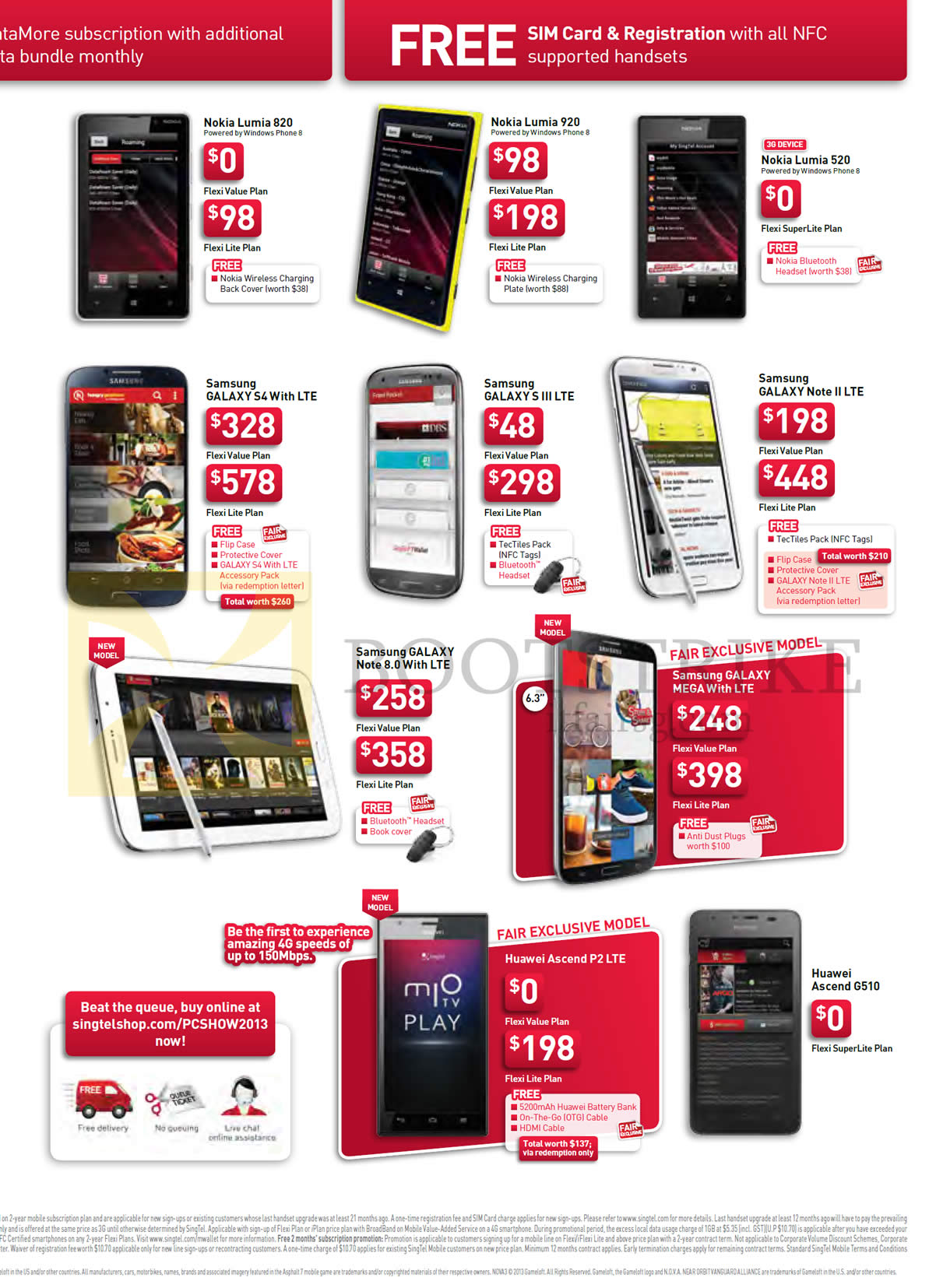 PC SHOW 2013 price list image brochure of Singtel Mobile Nokia Lumia 820, 920, 520, Samsung Galaxy S4, S III LTE, Note II LTE, Note 8.0, Galaxy Mega, Huawei Ascent P2 LTE, G510