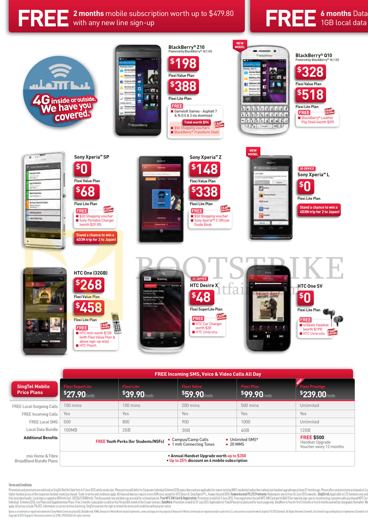 PC SHOW 2013 price list image brochure of Singtel Mobile Price Plans Flexi, Blackberry Z10, Q10, Sony Xperia SP, Z, L, HTC One, Desire X, One SV