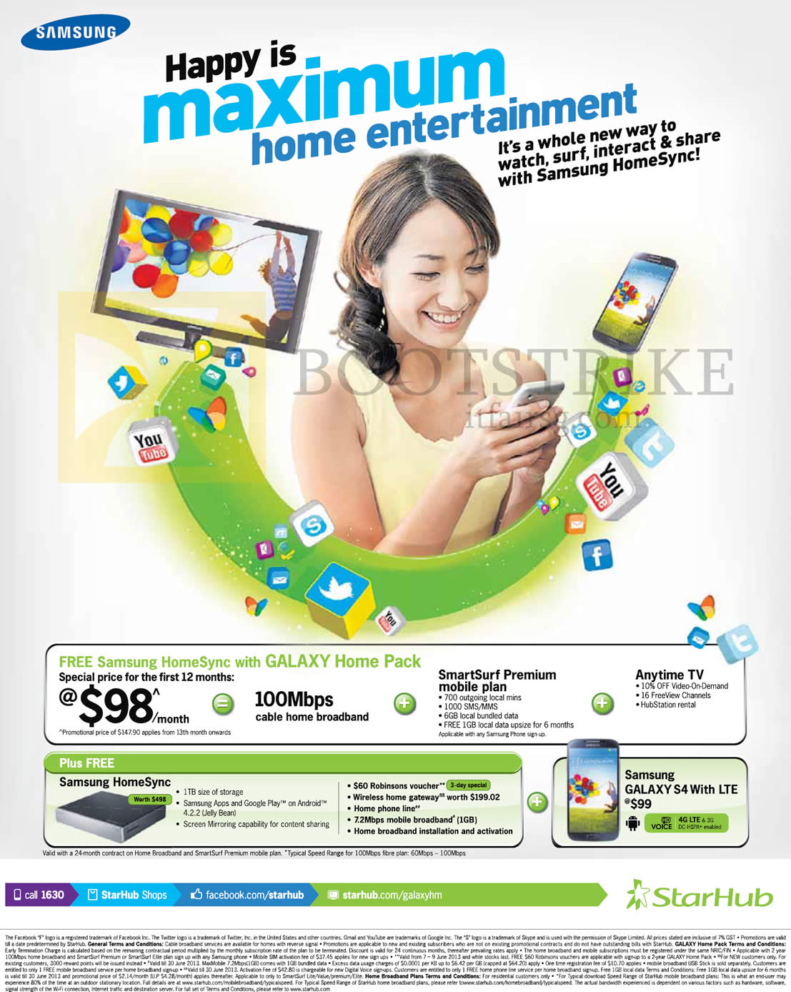 PC SHOW 2013 price list image brochure of Starhub Broadband Cable 100Mbps 98.00 Free Samsung HomeSync With Galaxy Home Pack, Galaxy S4, Fixed Line, Gateway, Mobile Broadband