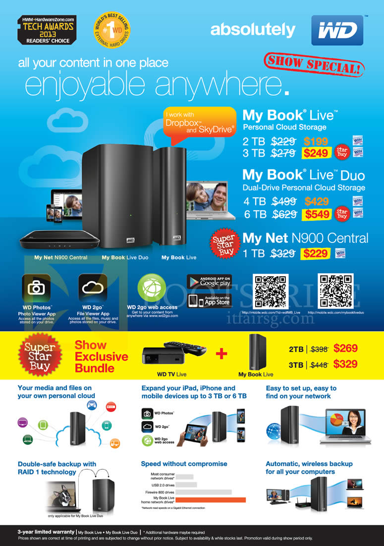 PC SHOW 2013 price list image brochure of Western Digital WD External Storage NAS My Book Live, Duo, Net N900 Central, WD TV, My Book Live