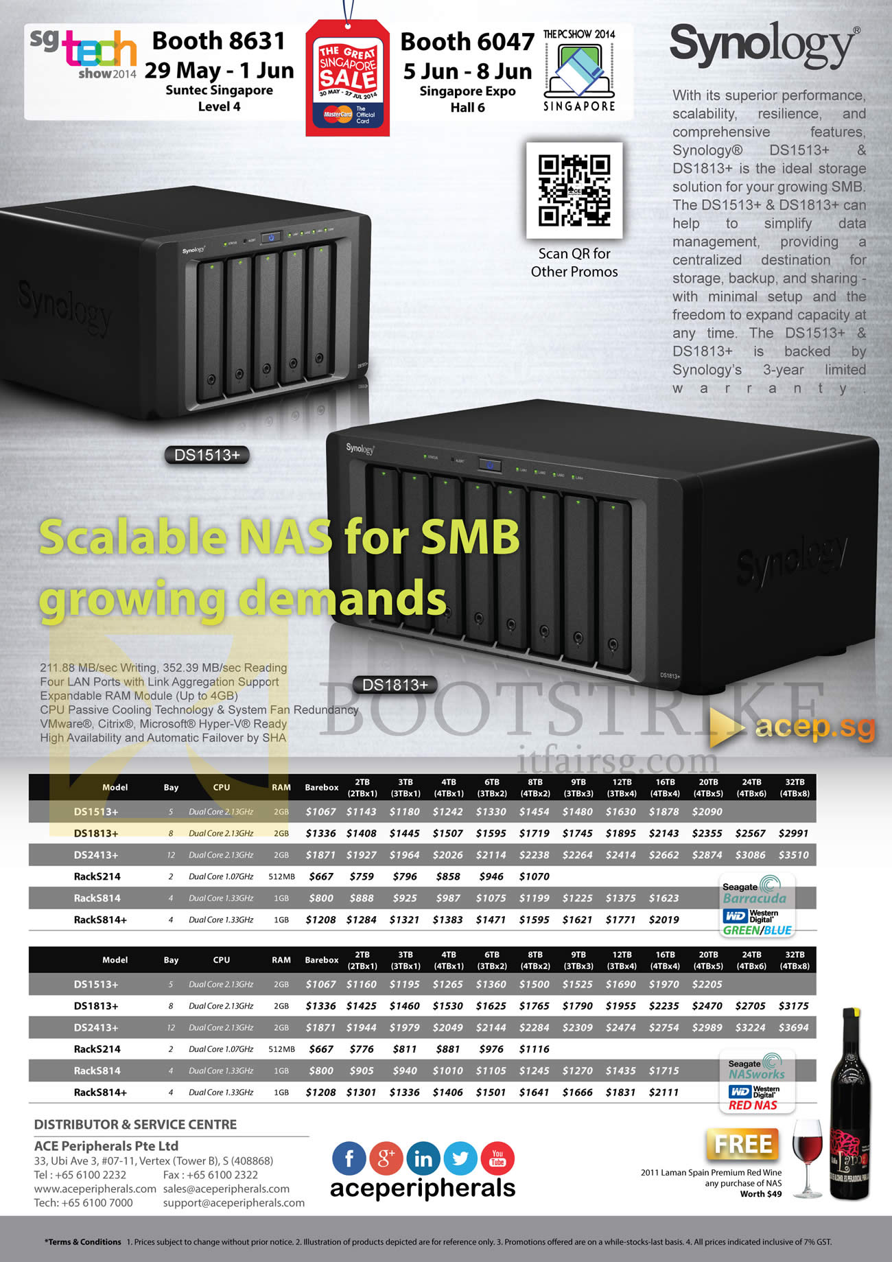 PC SHOW 2014 price list image brochure of ACE Peripherals Synology NAS DiskStations DS1513, DS1813, DS2413, RS214, RS814, DX213, VS80, VS240HD, DX513