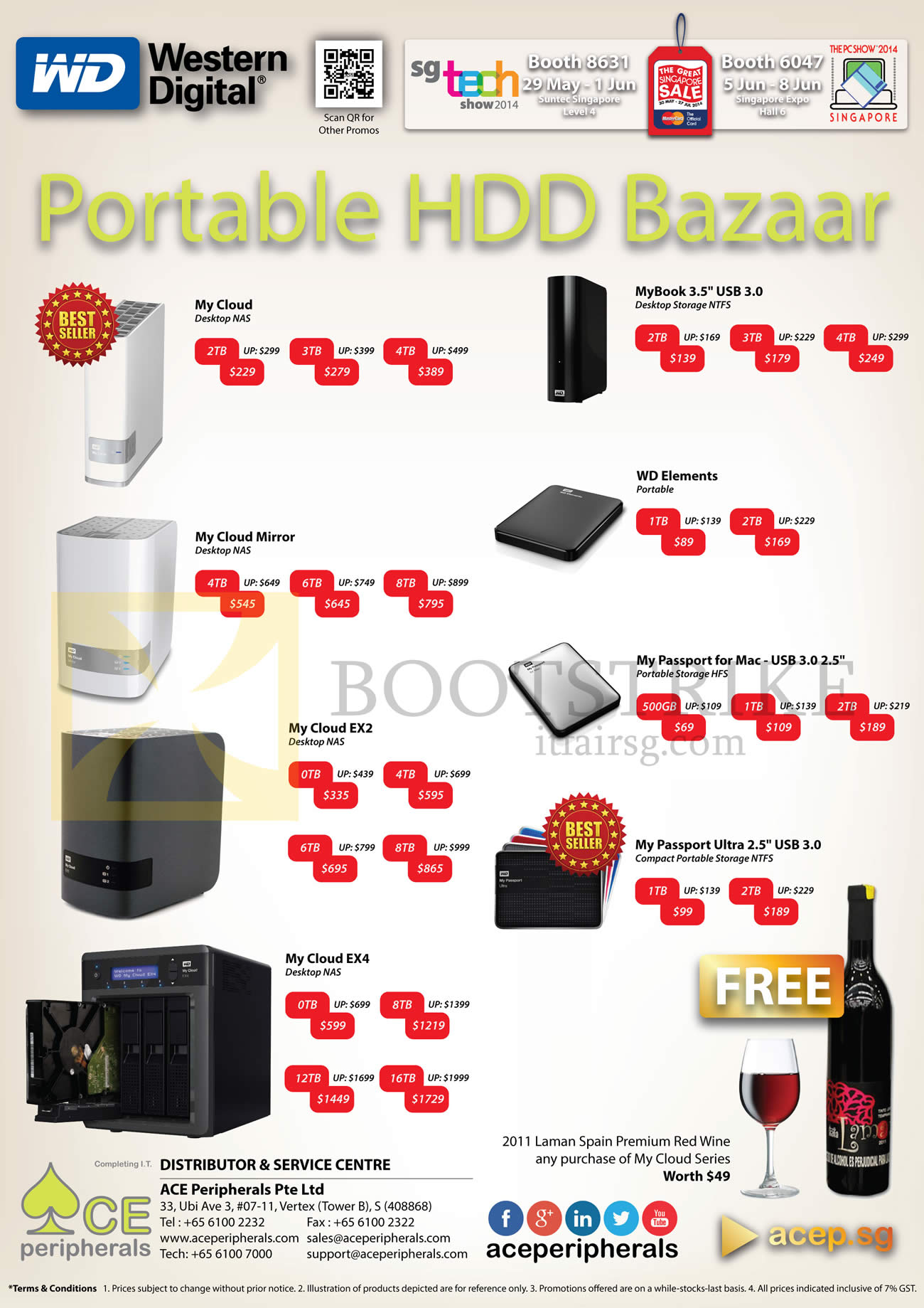 PC SHOW 2014 price list image brochure of ACE Peripherals Western Digital Portable HDDs My Cloud, MyBook, My Cloud Mirror, WD Elements, My Cloud EX2, EX4, My Passport, Ultra 2.5