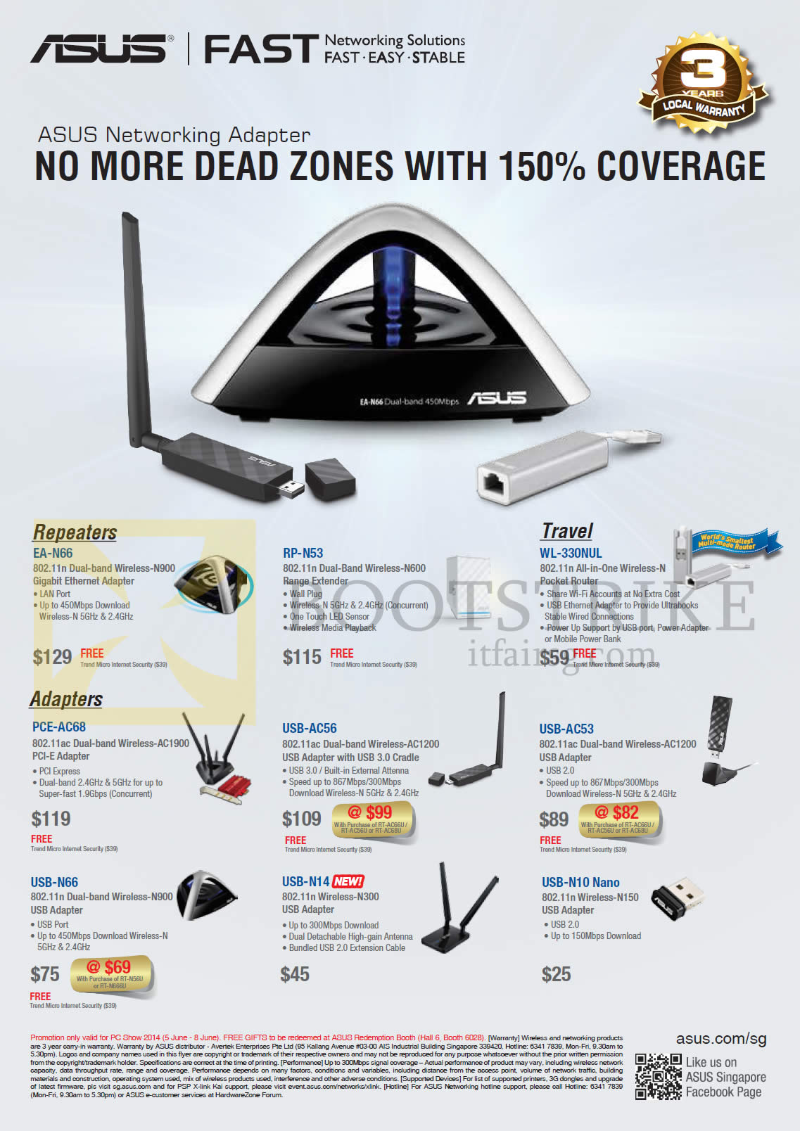 PC SHOW 2014 price list image brochure of ASUS Networking Wireless Repeaters, Adapters, EA-N66, RP-N53, WL-330NUL, PCe-AC68, USB-AC56, AC53, N66, N14, N10 Nano