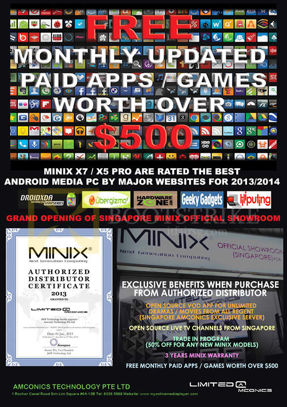 PC SHOW 2014 price list image brochure of Amconics Minix X7 X5 Pro Media Hub Android Benefits, Awards, Trade-in, Warranty, Player