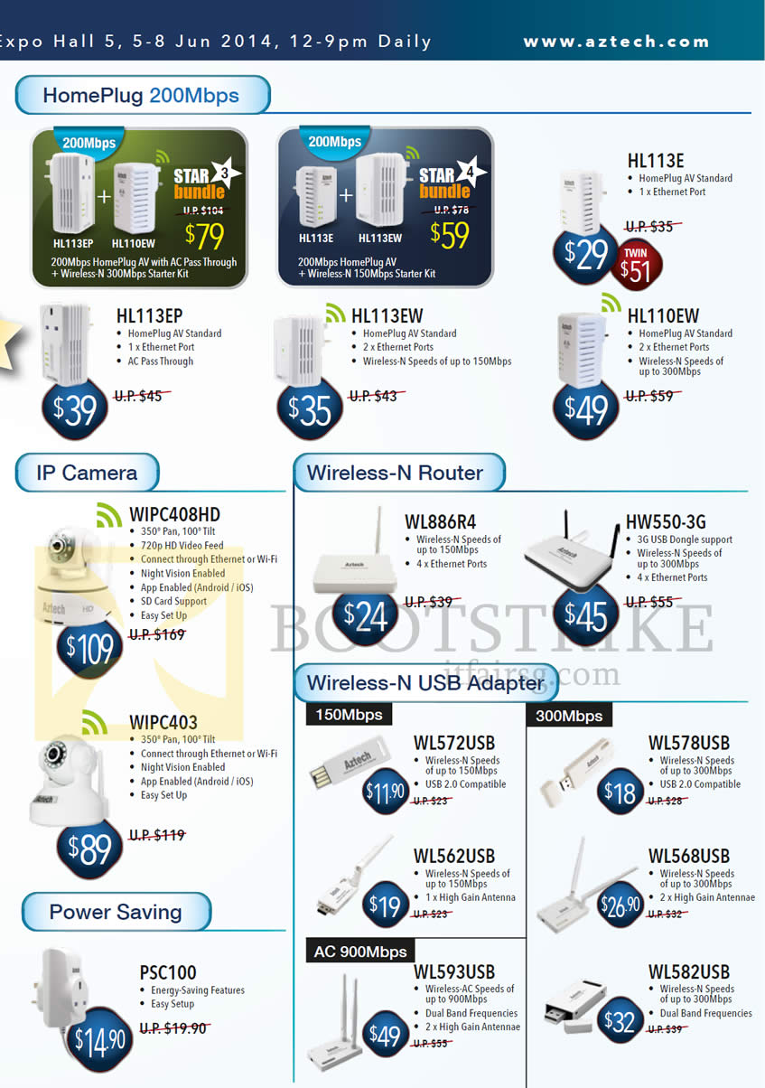 PC SHOW 2014 price list image brochure of Aztech Networking HomePlug, IP Camera IPCam, Wireless N Router, N USB Adapter HL113EP, 113EW, 113E, 110EW, WL886R4, 572USb, 578USB, 562USB, WIPc408HD, PSC100