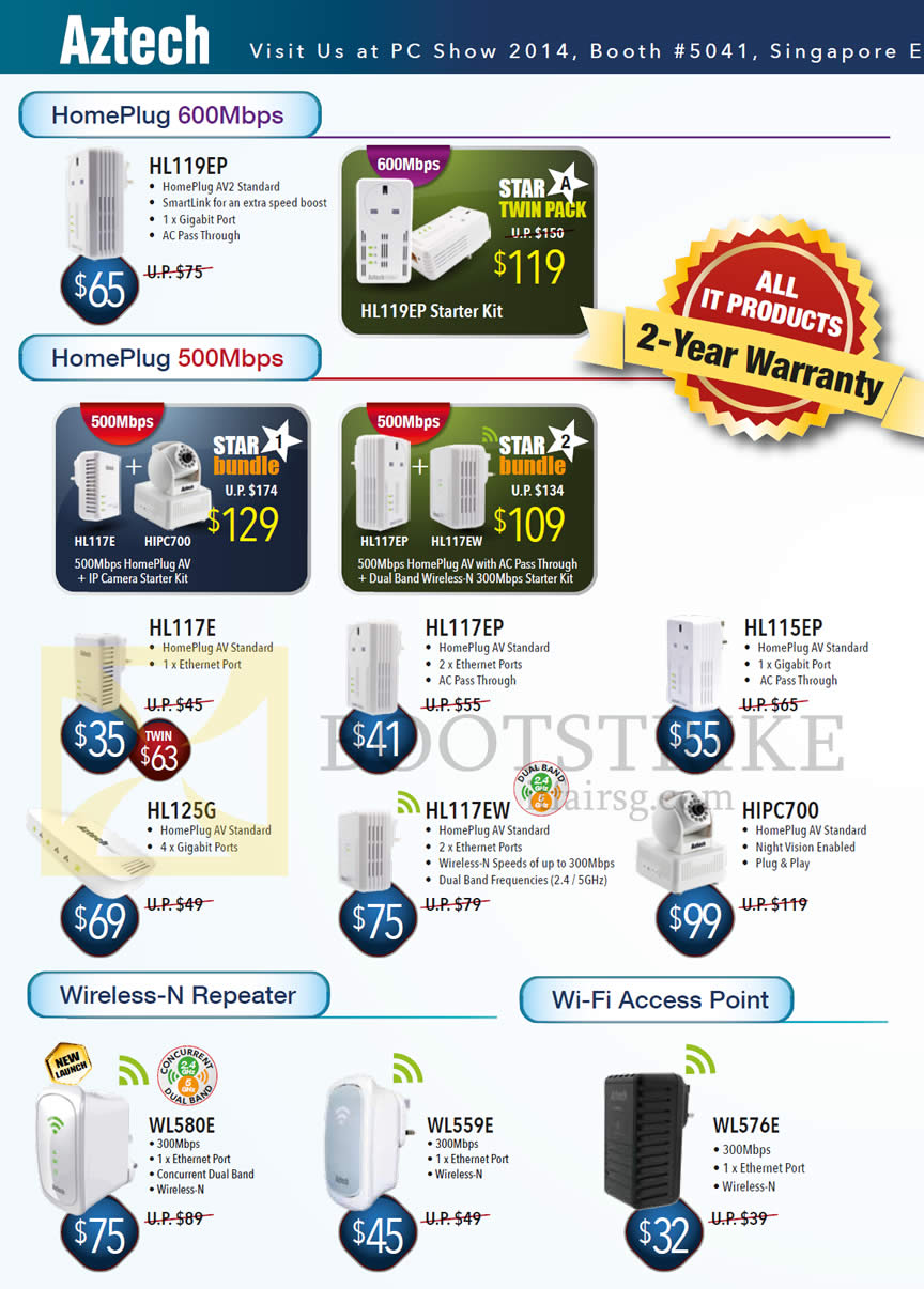 PC SHOW 2014 price list image brochure of Aztech Networking Homeplugs, Wireless N Repeater, Wifi Access Point HL119EP, 117E, 117EP, 115EP, 125G, 117EW, HIPC700, WL580E, WL559E, WL576E