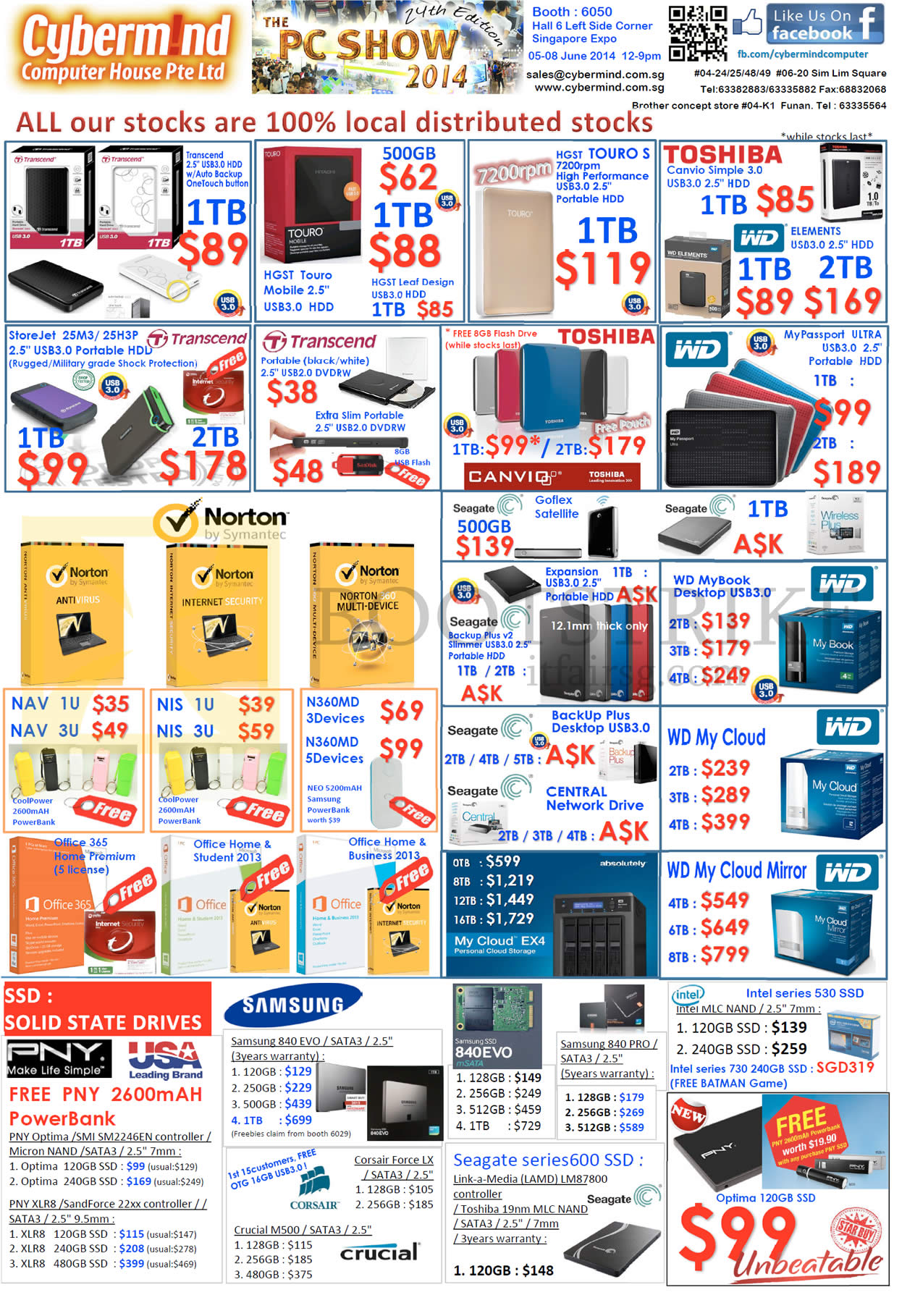 PC SHOW 2014 price list image brochure of Cybermind External Hard Disk Drives Transcend, Toshiba, Norton, Western Digital WD, Seagate, Microsoft Office, SSD, Samsung EVO, Intel