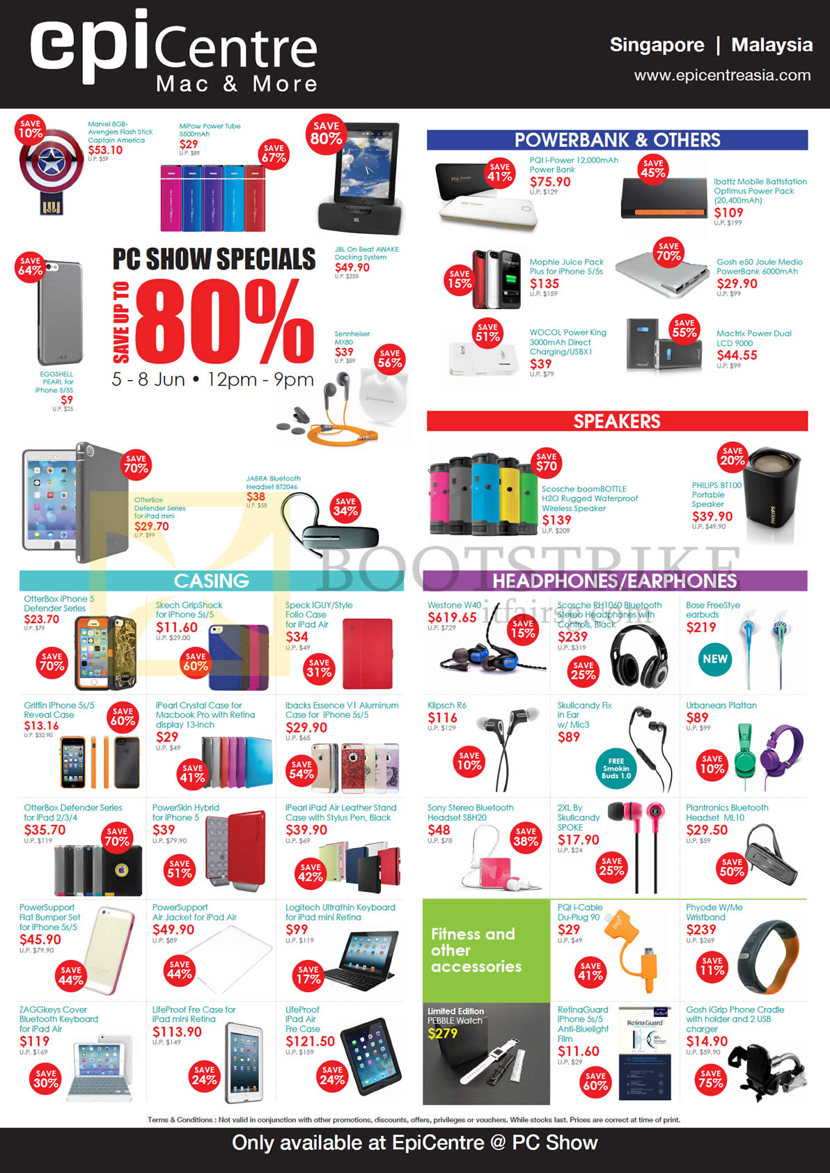 PC SHOW 2014 price list image brochure of EpiCentre Accessories Power Banks, Speakers, Casing, Headphones, Earphones, JBL MiPow Mophie Otterbox Jabra Philips Logitech Skullcandy Klipsch Plantronics Sony