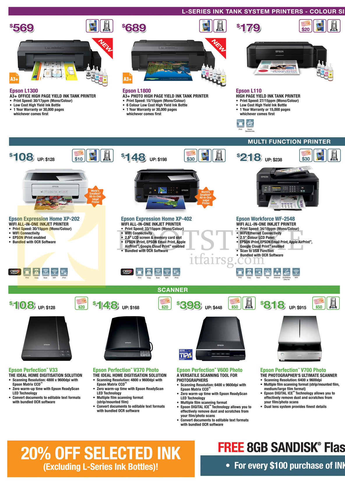 PC SHOW 2014 price list image brochure of Epson Printers Inkjet, Scanners, L1300, L1800, L110, Expression Home XP-202, XP-402, Workforce WF-2548, Perfection V33, V370 Photo, V600 Photo, V700 Photo