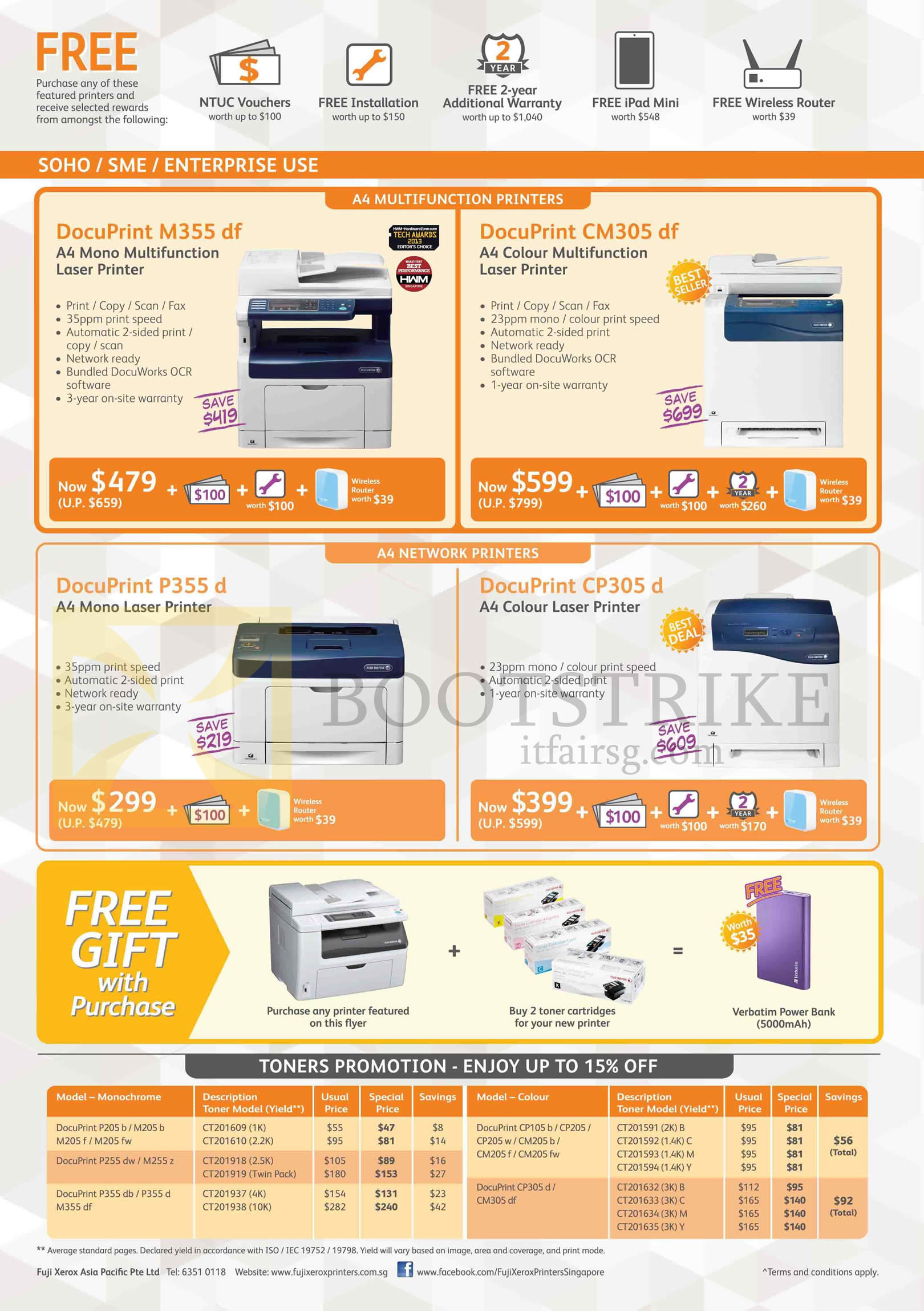 PC SHOW 2014 price list image brochure of Fuji Xerox Printers, Toners, DocuPrint M355df, CM305df, P355d, CP305d