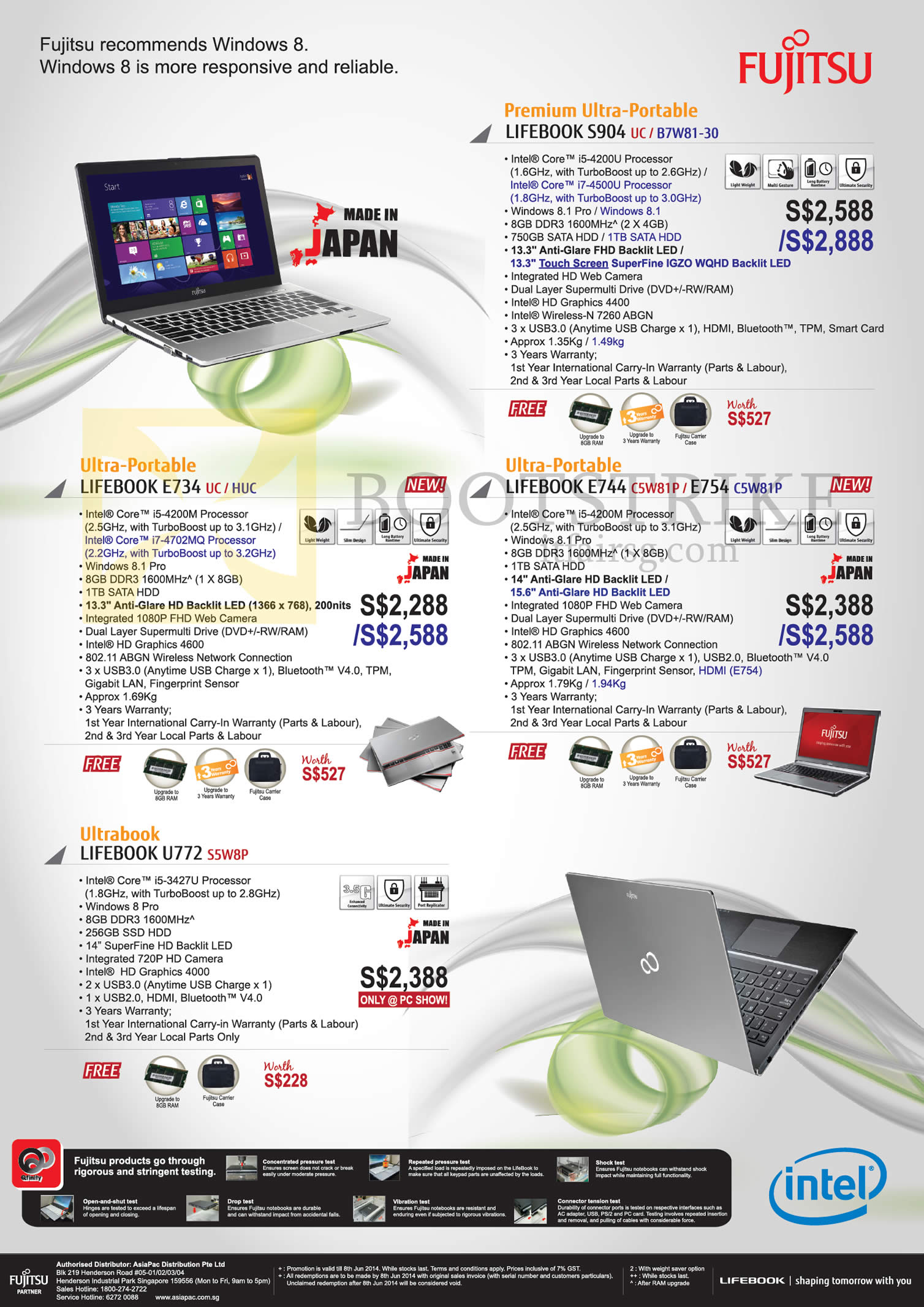 PC SHOW 2014 price list image brochure of Fujitsu Notebooks Lifebook S904 UC, B7W81 -30, E734 UC HUC, E744 CSW81P, E754 C5W81P, U772 S5W8P