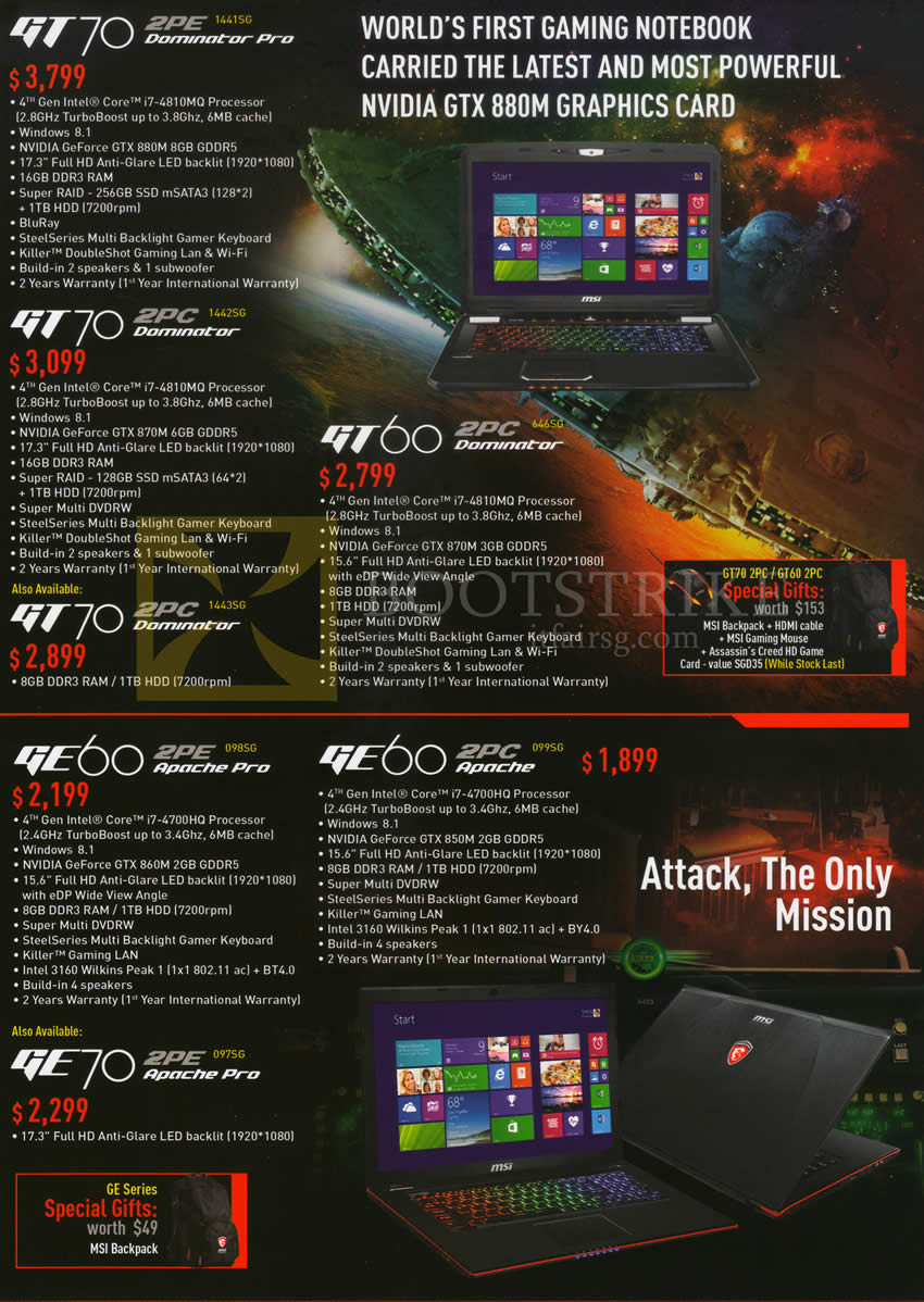 PC SHOW 2014 price list image brochure of Gamepro MSI Notebooks GT70 2PE 1441SG, GT70 2PC 1442SG, 1443SG, GT60 2PC 646SG, GE60 2PE 098SG, GE60 2PC 099SG, GE70 2PE 097SG