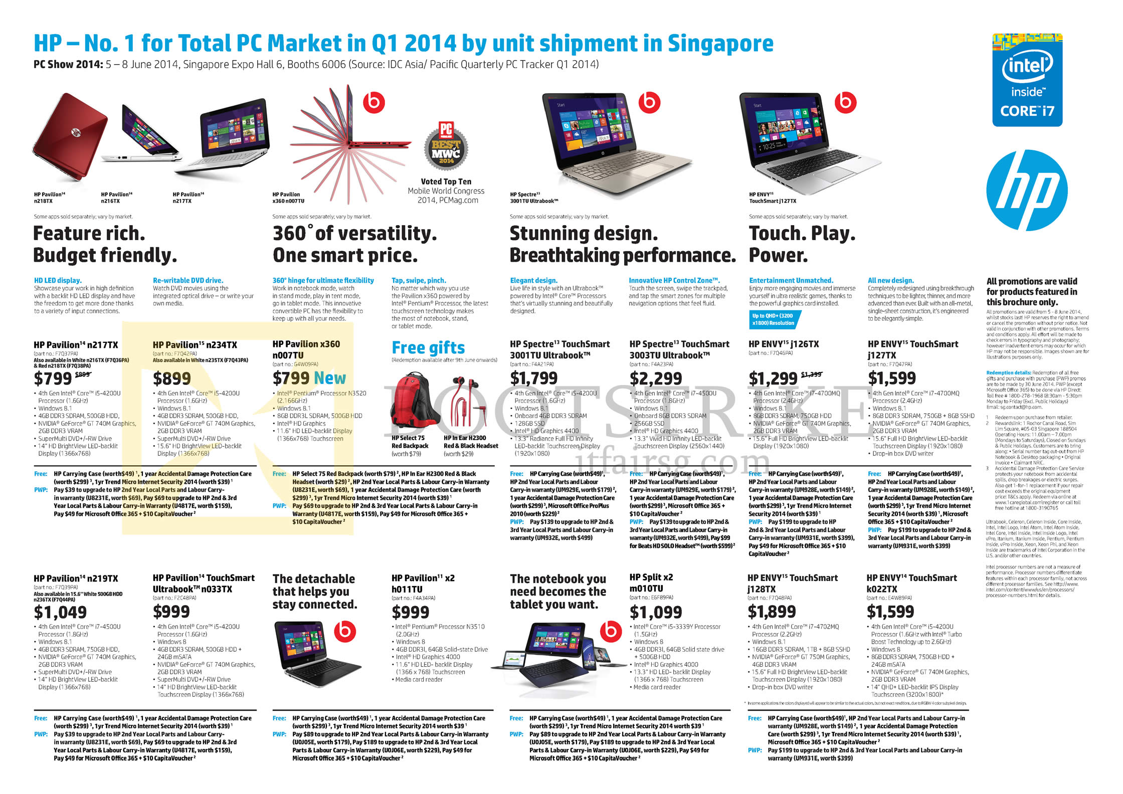 PC SHOW 2014 price list image brochure of HP Notebooks Pavilion N217TX, N219TX, X360 N007TU, N001TU, Spectre TouchSmart 3001TU, 3003Tu, Split X2 M010Tu, Envy Touchsmart J127TX, J126TX, J128TX, K022TX