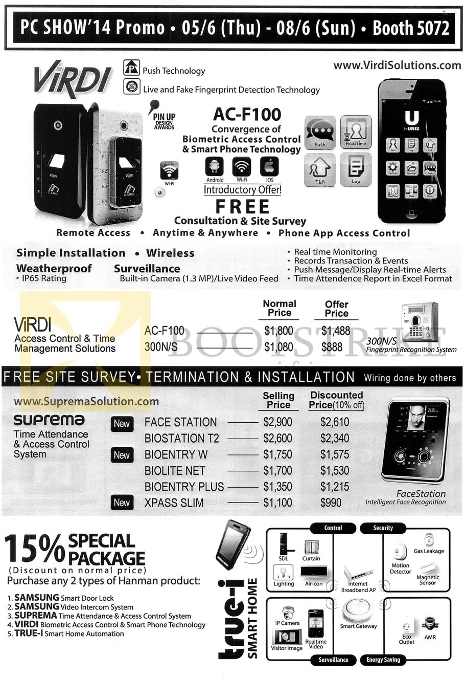 PC SHOW 2014 price list image brochure of Hanman Price List Virdi Time Access Control Management Solutions, AC-F100, 300NS, Face Station, Biostation T2, Bioentry W, Biolite Net, Bioentry Plus, Xpass Slim