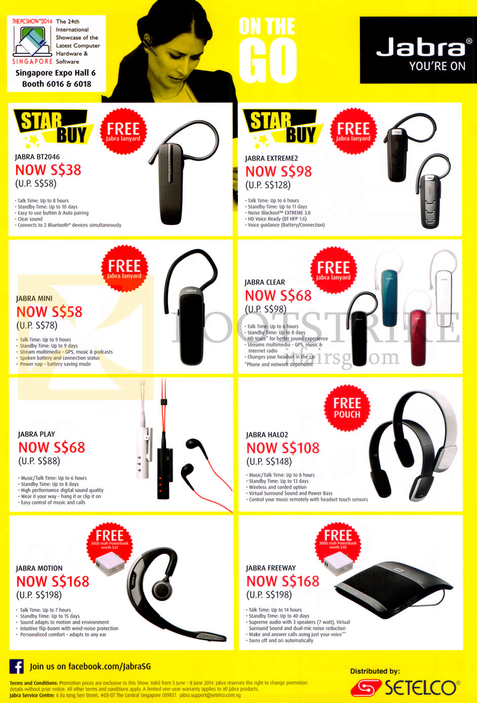 PC SHOW 2014 price list image brochure of Jabra Bluetooth Headsets, Speakers, BT2046, Mini, Extreme2, Clear, Halo2, Play, Motion, Freeway