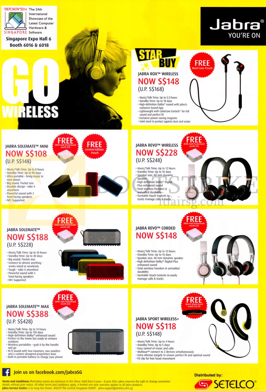 PC SHOW 2014 price list image brochure of Jabra Bluetooth Headsets, Speakers, Rox, Revo, Sport, Wireless, Revo Corded, Solemate, Mini, Max