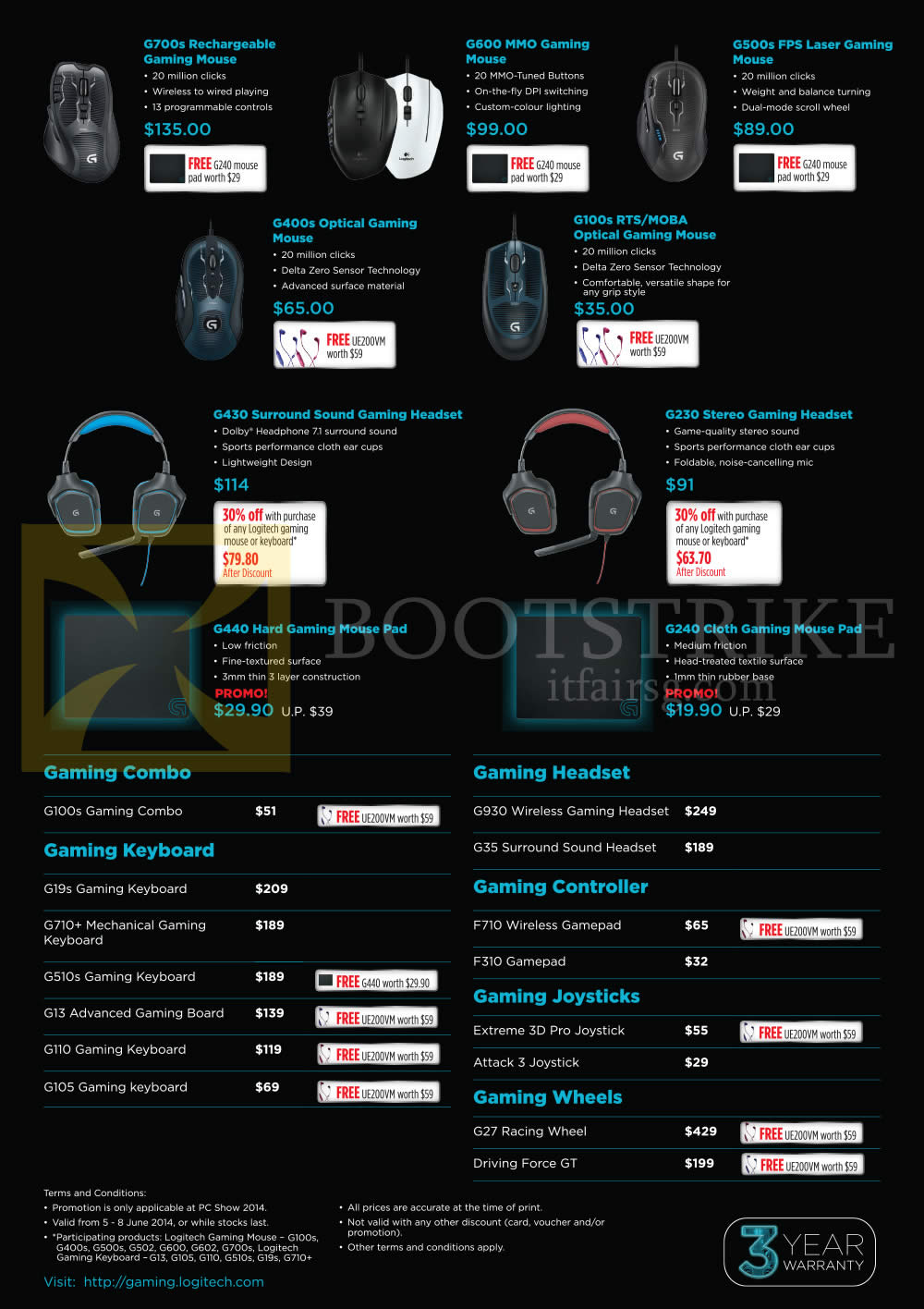 PC SHOW 2014 price list image brochure of Logitech Gaming Mouse, Headset, Mousepad, Keyboard, G700s, G600, G500s, G400s, G100s, G430, G230, G440, G240