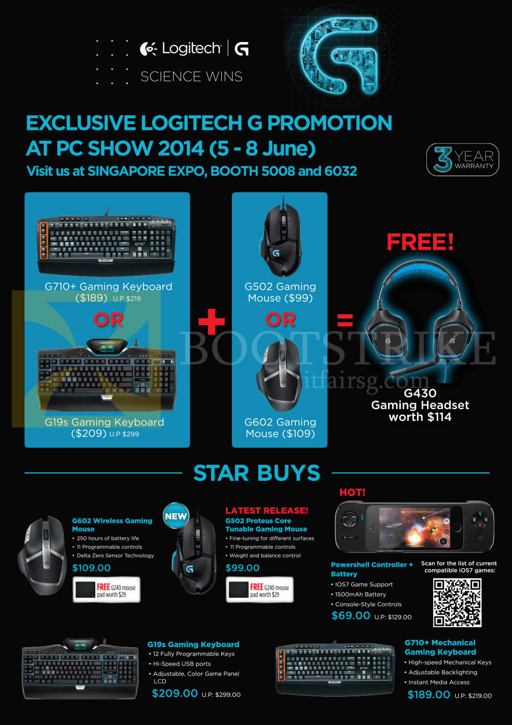 PC SHOW 2014 price list image brochure of Logitech Gaming Mouse, Keyboards, Powershell Controller, G602, G502, G19s, G710 Plus Mechanical Keyboard