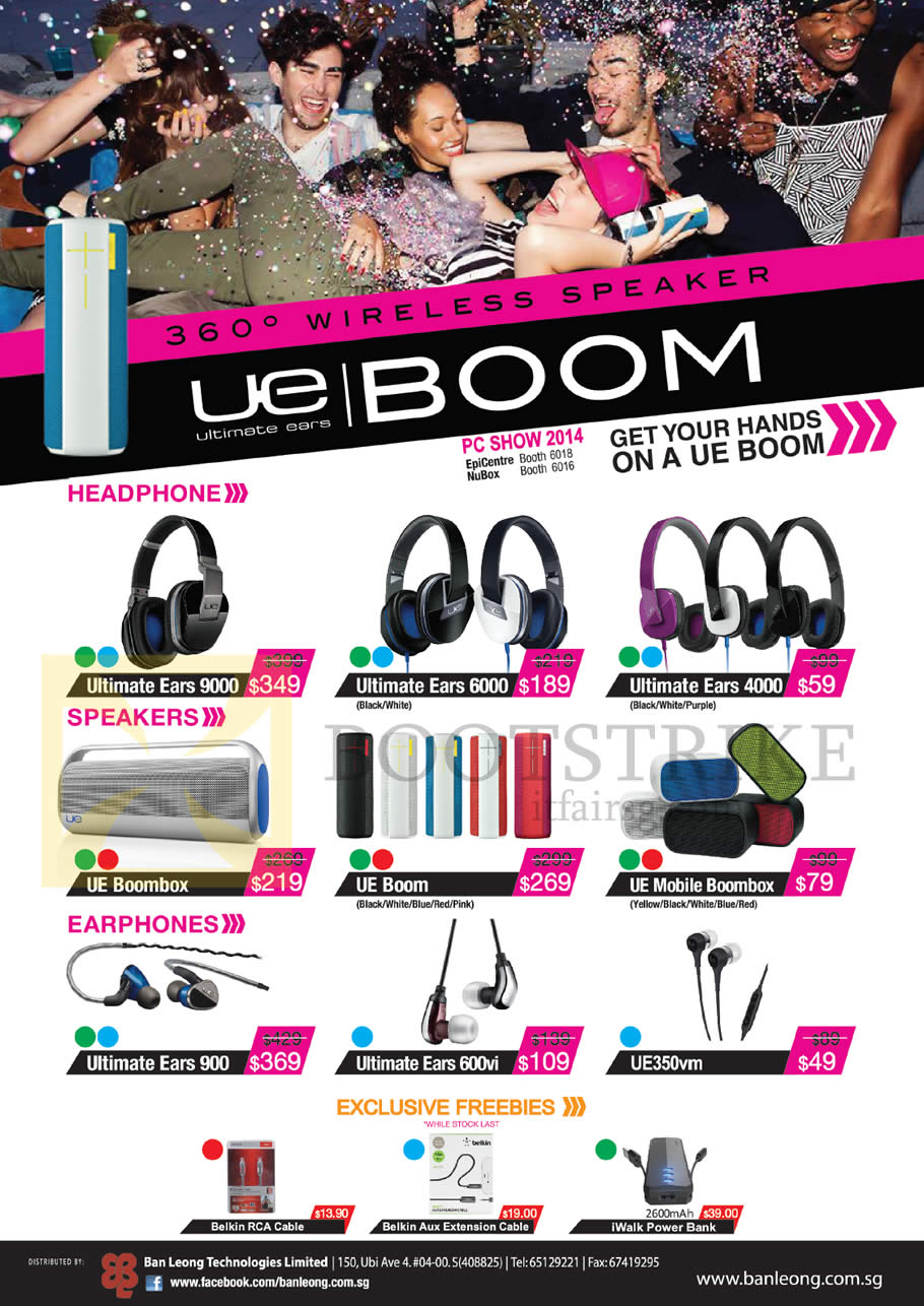 PC SHOW 2014 price list image brochure of Logitech Ultimate Ears Headphones, Speakers, Earphones 9000, 6000, 4000, 900, 600vi, 350vm, UE Boom, Boombox, Mobile Boombox