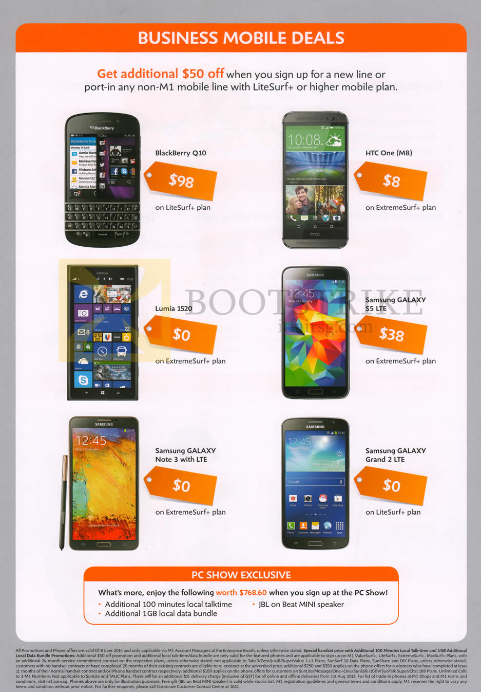 PC SHOW 2014 price list image brochure of M1 Business Mobile Blackberry Q10, Nokia Lumia 1520, HTC One M8, Samsung Galaxy S5, Note 3, Grand 2