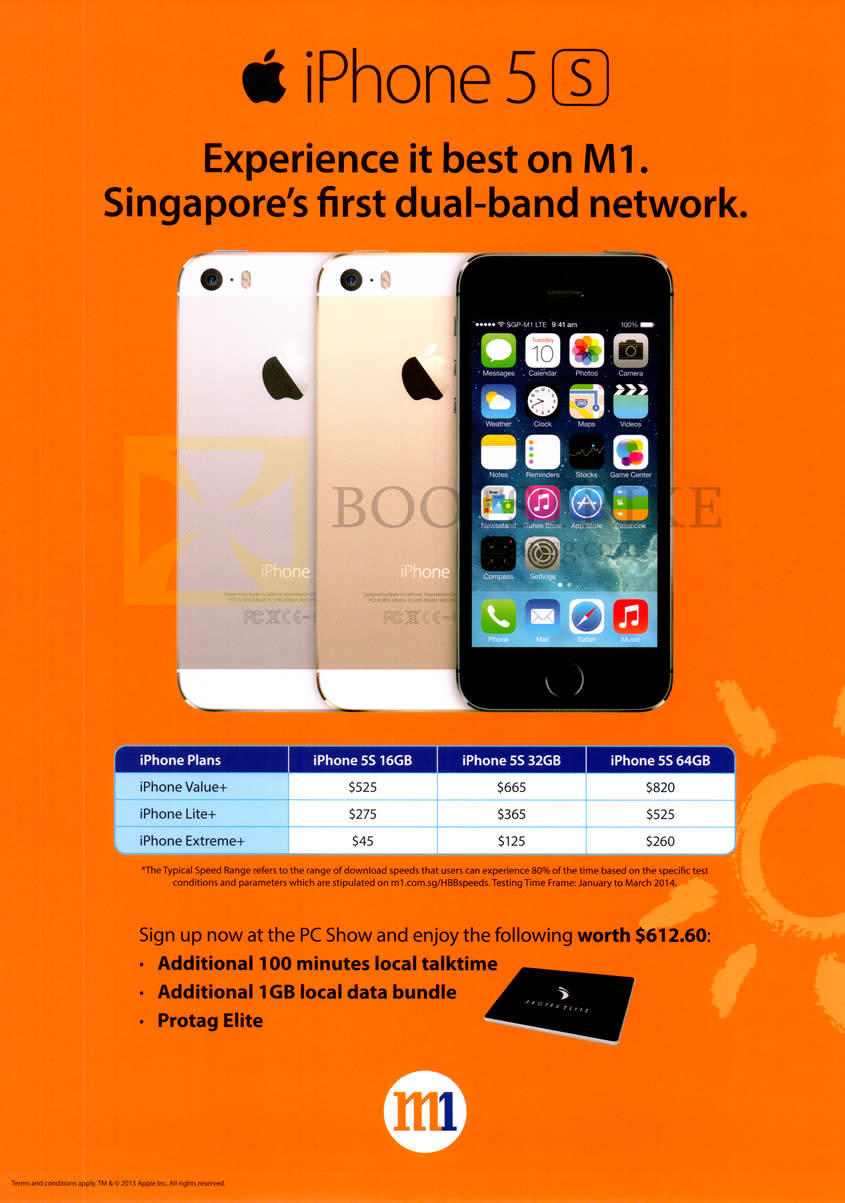 PC SHOW 2014 price list image brochure of M1 Mobile Apple IPhone 5S, IPhone, Value Plus, Lite Plus, Extreme Plus