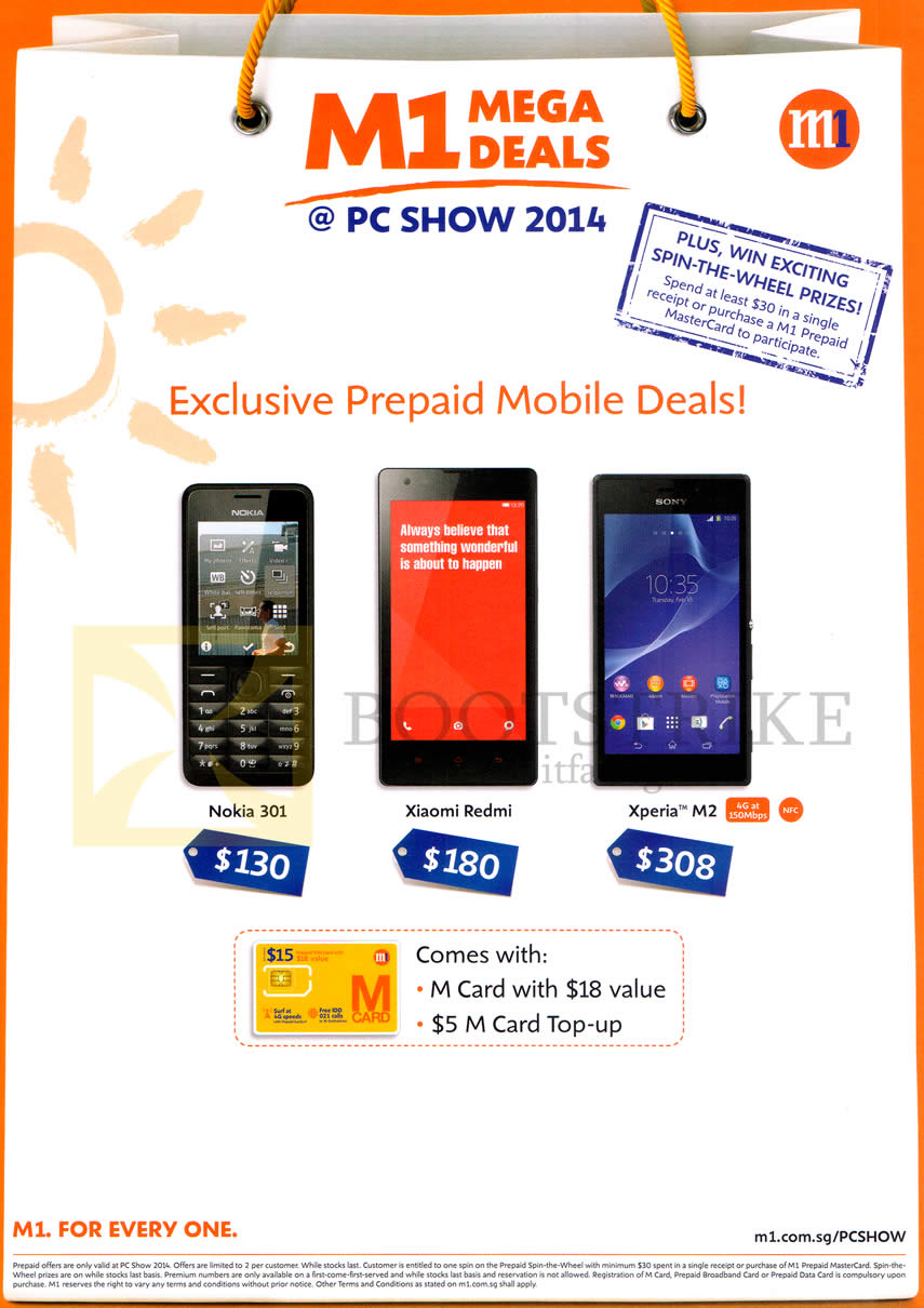 PC SHOW 2014 price list image brochure of M1 Mobile Prepaid Nokia 301, Xiaomi Redmi, Sony Xperia M2