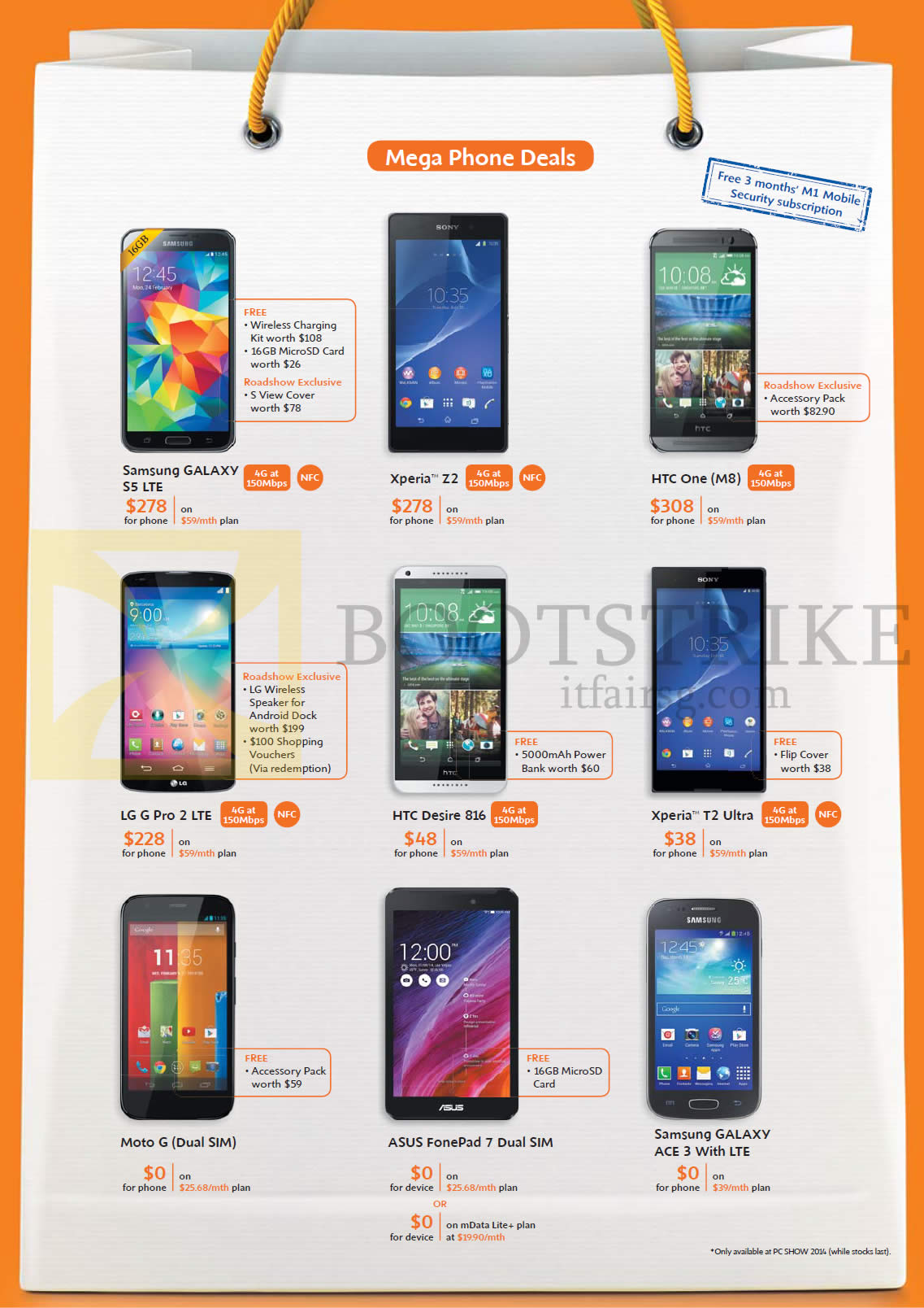 PC SHOW 2014 price list image brochure of M1 Samsung Galaxy S5 Ace 3, Sony Xperia Z2, HTC One M8 816, LG G Pro 2, Sony Xperia T2 Ultra, Moto G, ASUS FonePad 7 Dual SIM