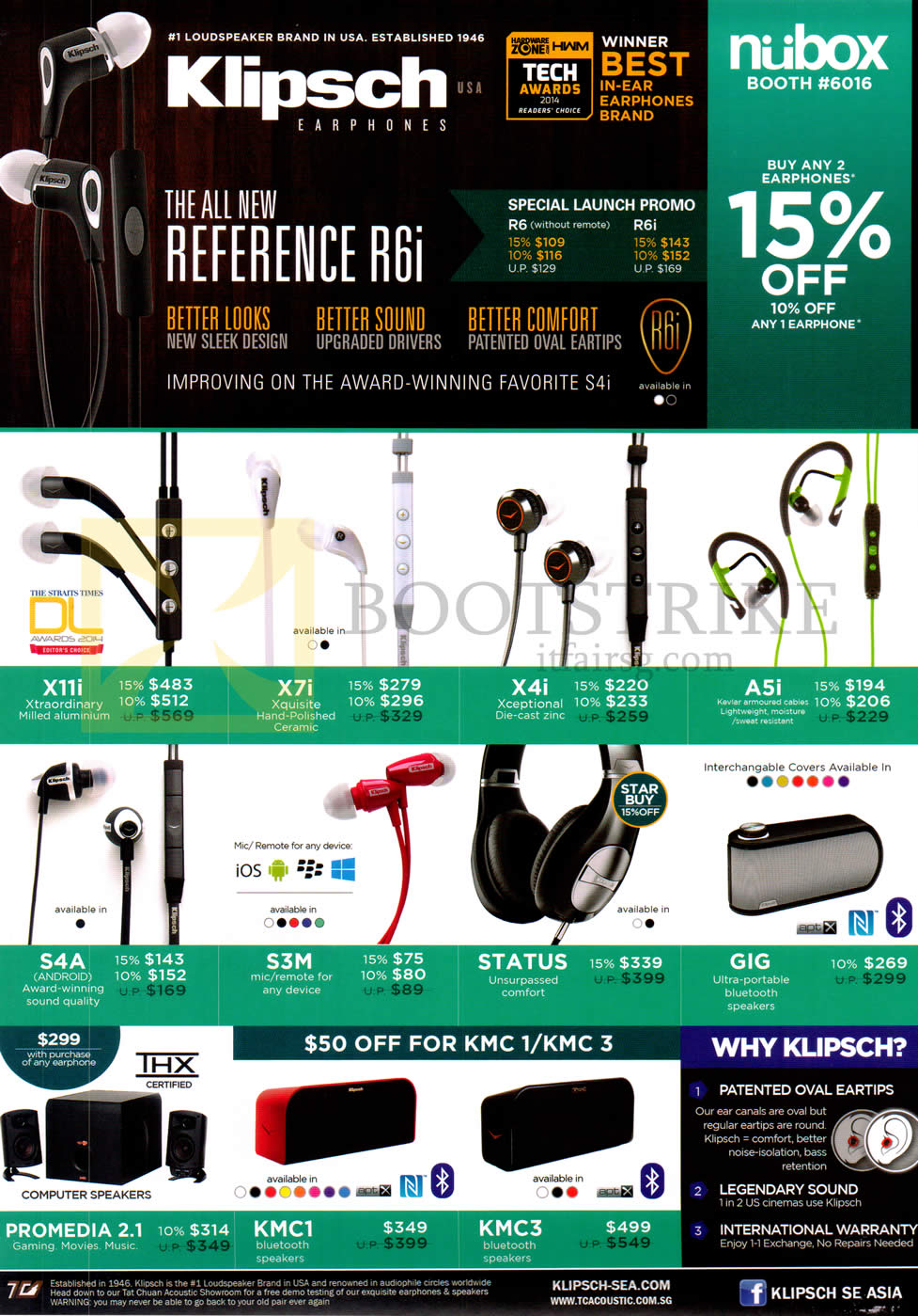 PC SHOW 2014 price list image brochure of Nubox Klipsch Headphones, Headsets, X11i, X7i, X4i, A5i, S4A, S3M, Status, GIG, Promedia 2.1 Speakers, KMC1, KMC3