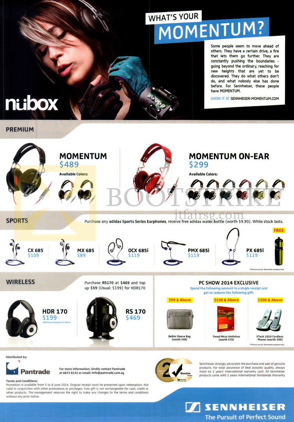 PC SHOW 2014 price list image brochure of Nubox Sennheiser Headphones, Earphones, Momentum, CX685, MX685, OCX-685i, PMX685i, PX685i, HDR 170, RS 170