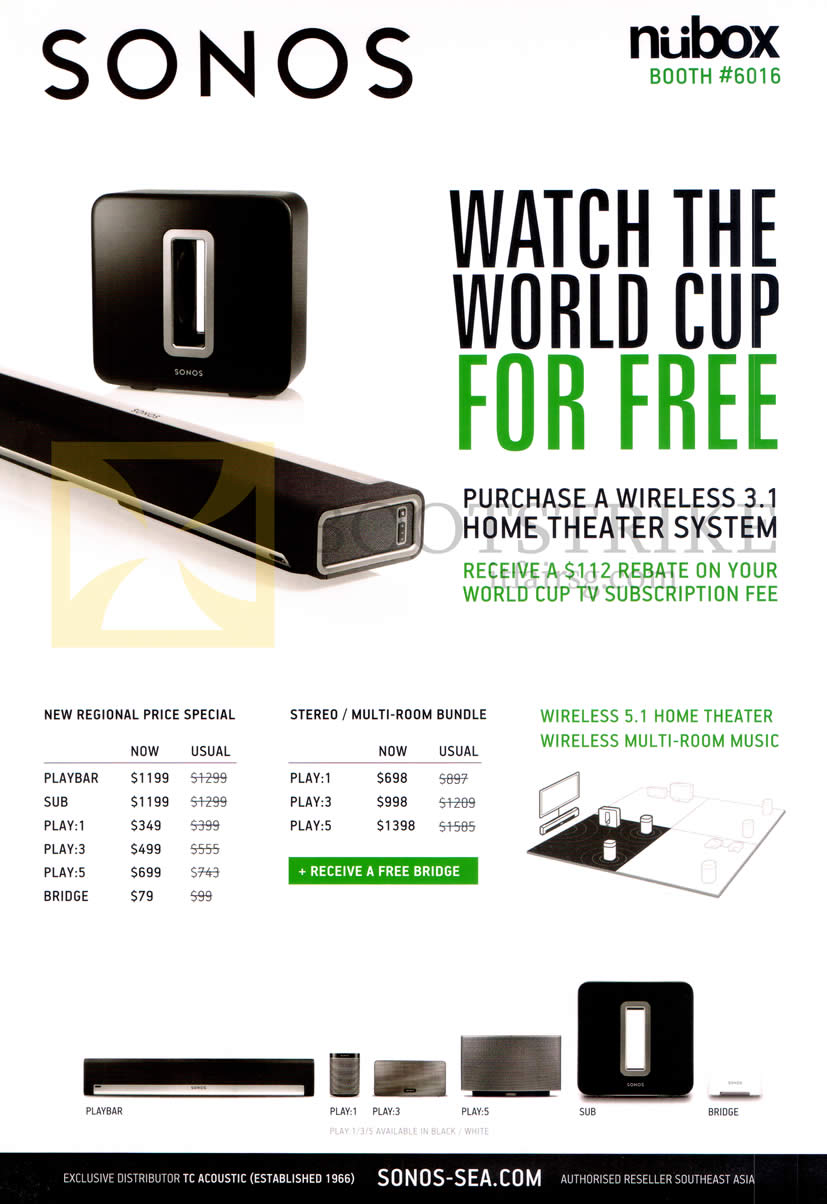 PC SHOW 2014 price list image brochure of Nubox Sonos Wireless 3.1 Home Theatre System, Playbar Sub Bridge