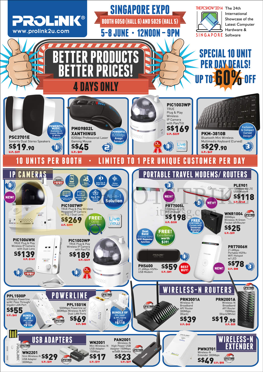 PC SHOW 2014 price list image brochure of Prolink IP Cameras IPCam, Portable Travel Modems, Routers, USB Adapters, Wireless N Routers, N Extender