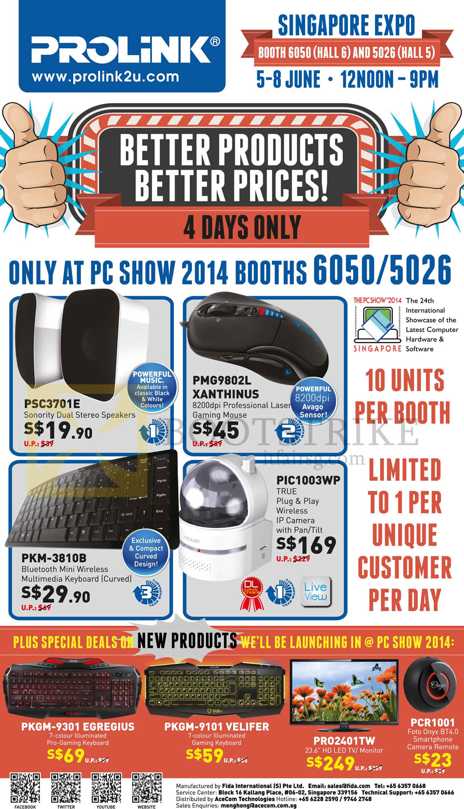 PC SHOW 2014 price list image brochure of Prolink Stereo Speakers, Gaming Mouse, Bluetooth Keyboard, IP Camera IPCam, Keyboards