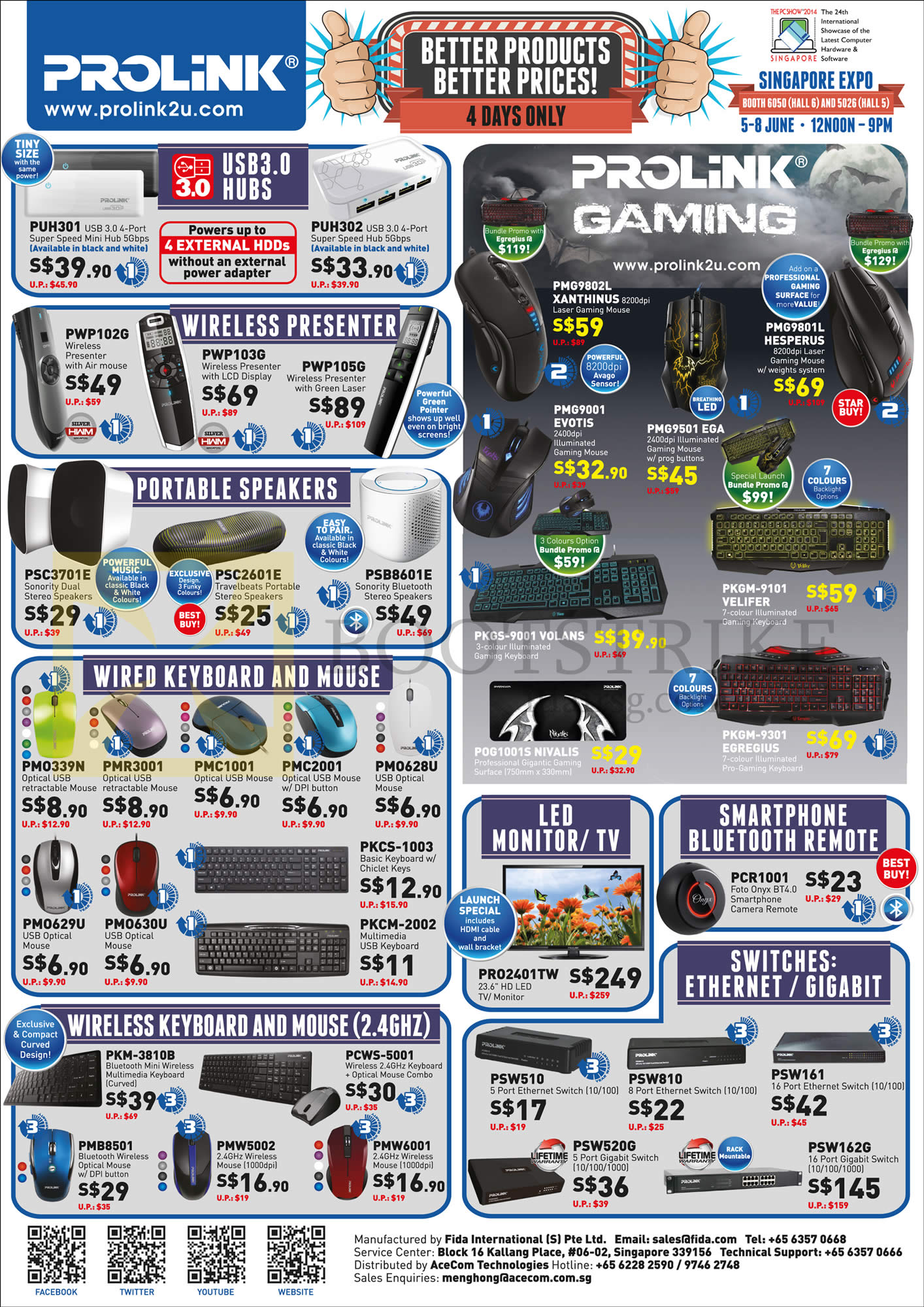 PC SHOW 2014 price list image brochure of Prolink USB 3.0 Hubs, Wireless Presenter, Portable Speakers, Wired Keyboard, Mouse, LED Monitor, TV, Ethernet, Gigabit Switches