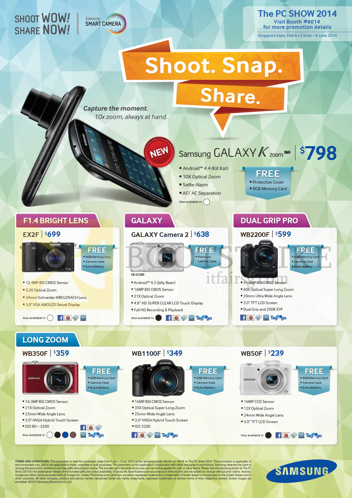 PC SHOW 2014 price list image brochure of Samsung Digital Cameras Galaxy K Zoom, EX2F, Camera 2, WB2200F, WB350F, WB1100F, WB50F