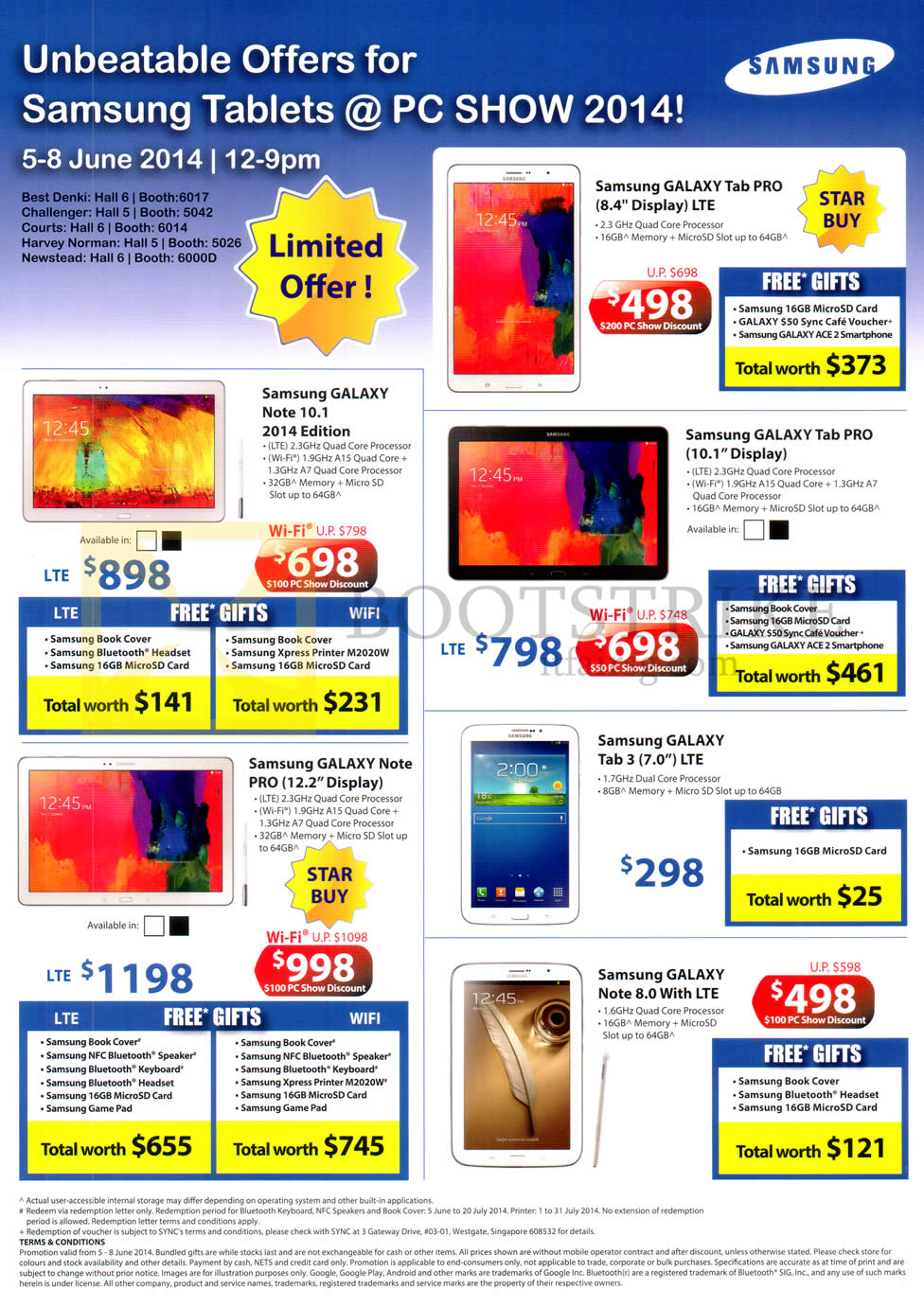 PC SHOW 2014 price list image brochure of Samsung Galaxy Tab Pro 8.4, 10.1, Note 10.1, Note Pro 12.2, Tab 3 7.0, Note 8