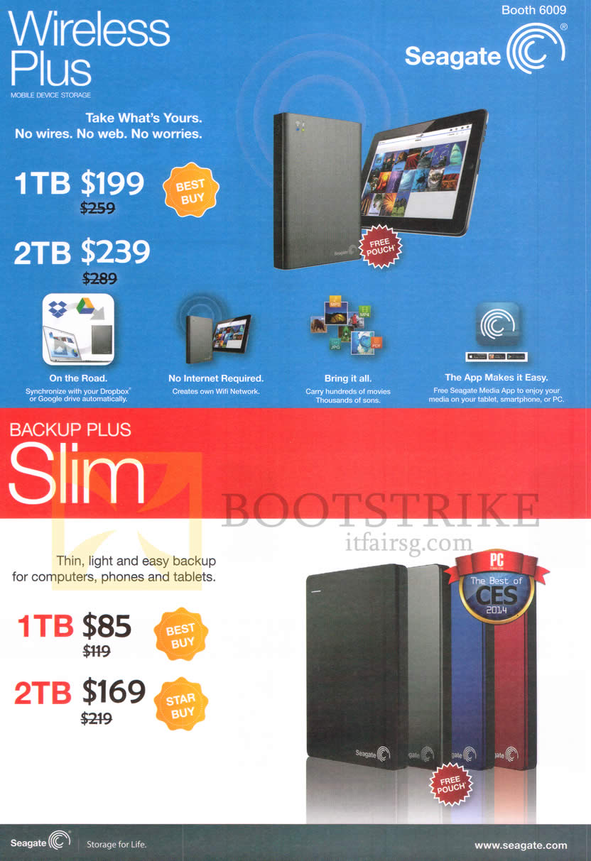 PC SHOW 2014 price list image brochure of Seagate External Storage Mobile Office Storage Wireless Plus, Backup Plus Slim, 1TB 2TB