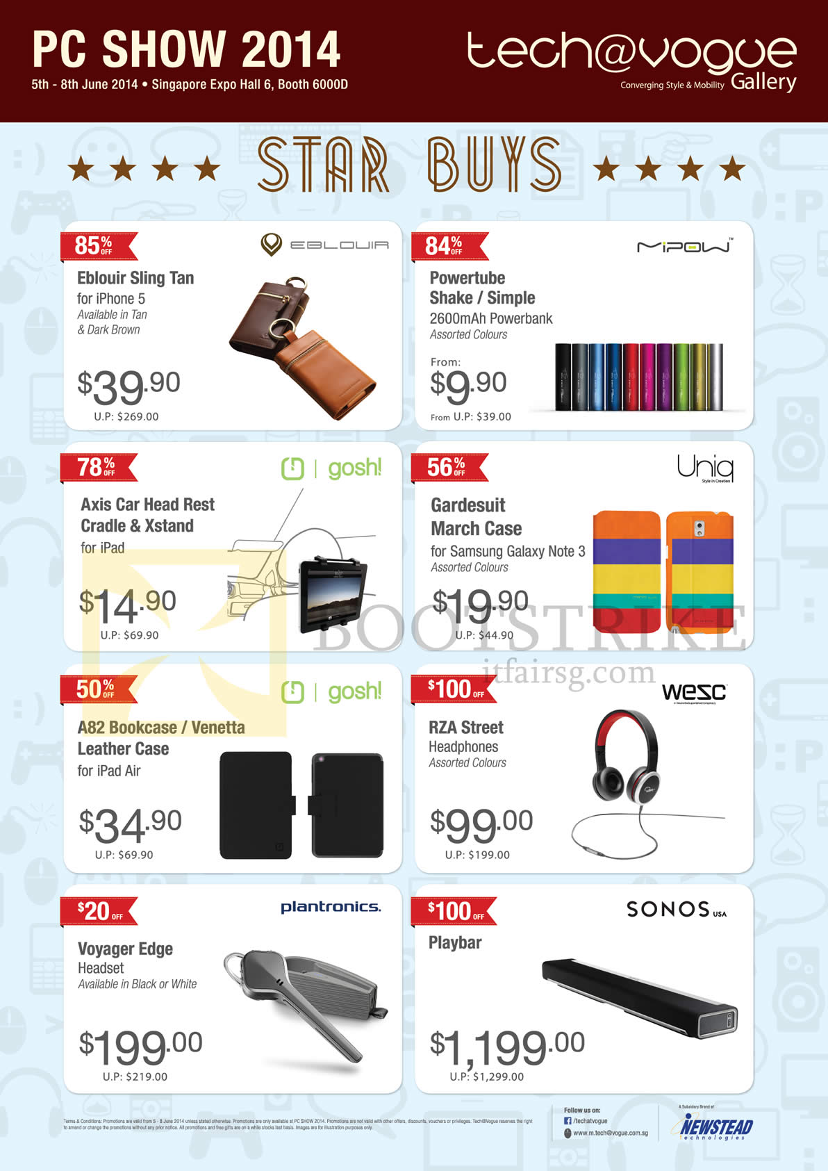 PC SHOW 2014 price list image brochure of Tech Vogue Accessories Eblouir Sling Tan, Mipow Powertube, Uniq, Gosh, Wesc RZA Street Headphones, Plantronics Voyager Edge, Sonos Playbar