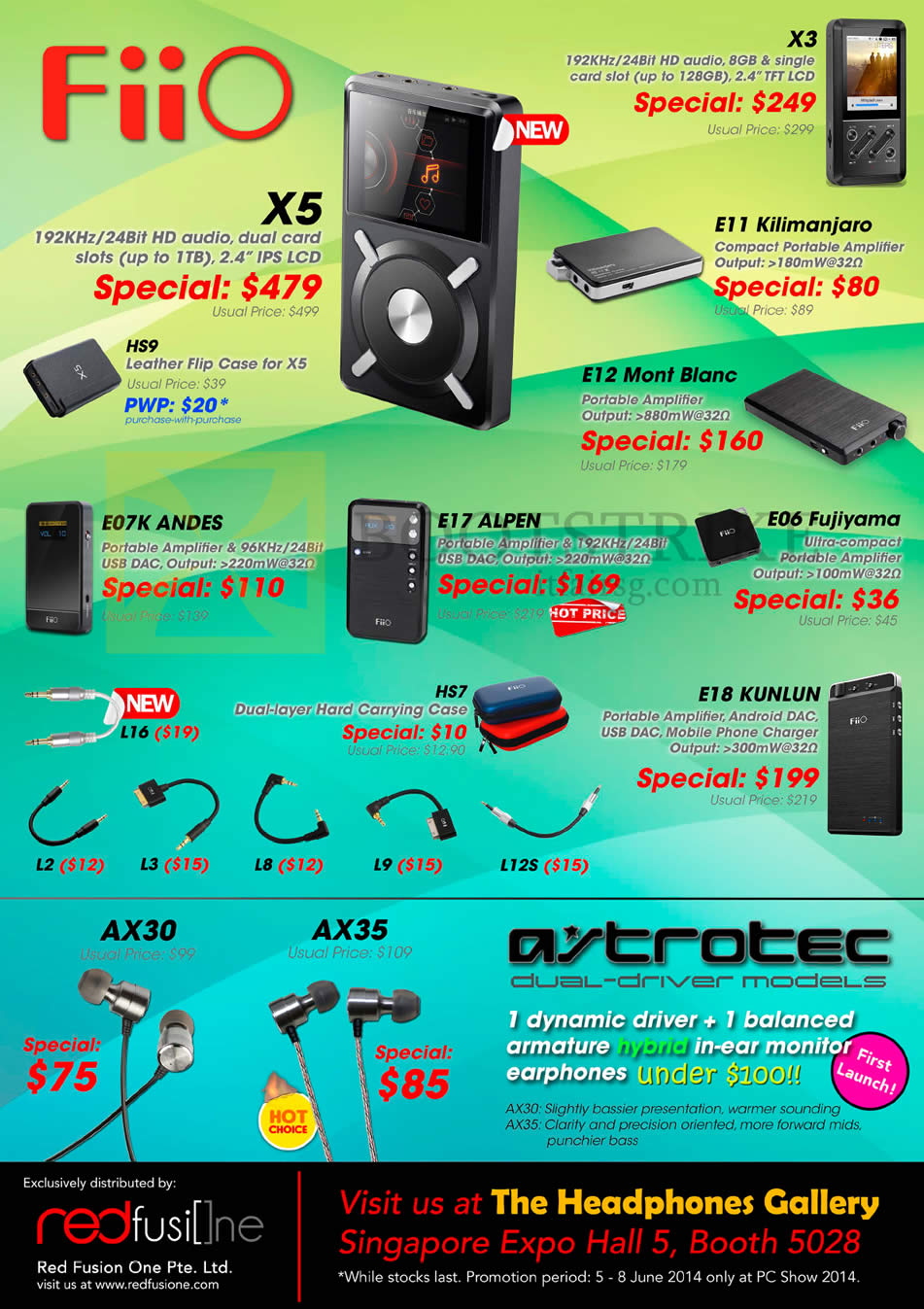 PC SHOW 2014 price list image brochure of The Headphones Gallery FiiO X5 Player, Amplifiers E07K Andes, E17 Alphen, E06, E11, E12, E18 Kunlun, X3, Charger, Astrotec Earphones AX30 AX35