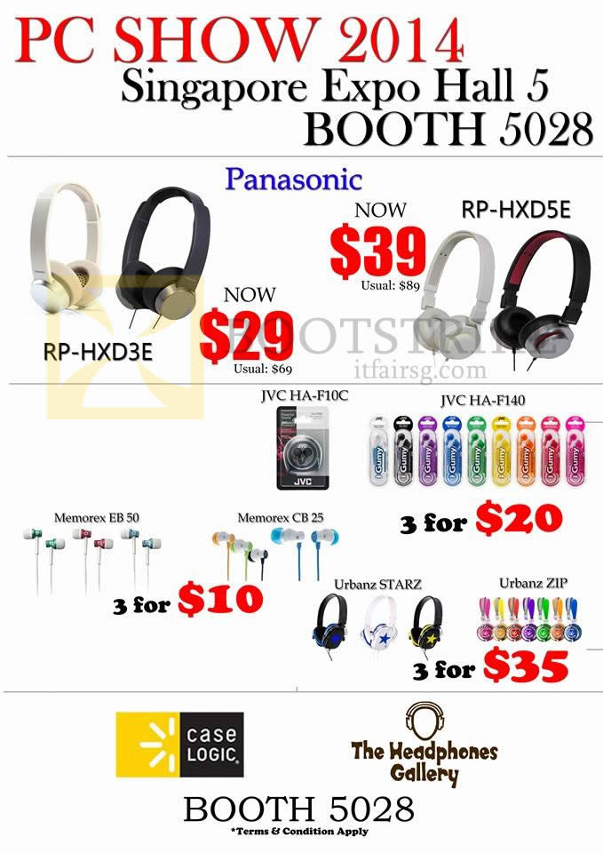 PC SHOW 2014 price list image brochure of The Headphones Gallery Panasonic RP-HXD3E HXD5E, JVC Earphones, Memorex, Urbanz Zip