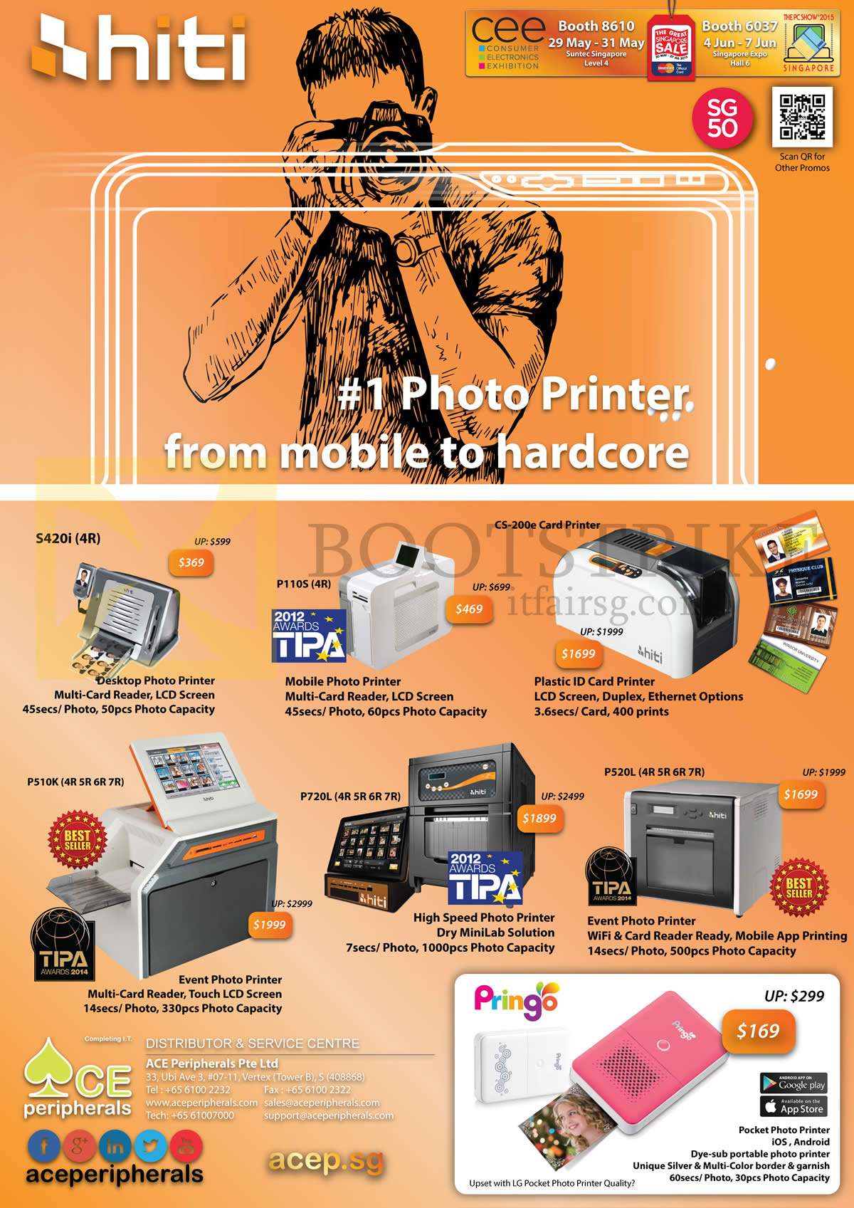 PC SHOW 2015 price list image brochure of Ace Peripherals HiTi Pringo Pocket P110S S420i P720L P520L P510K CS 200e Photographer Photo Card Printer