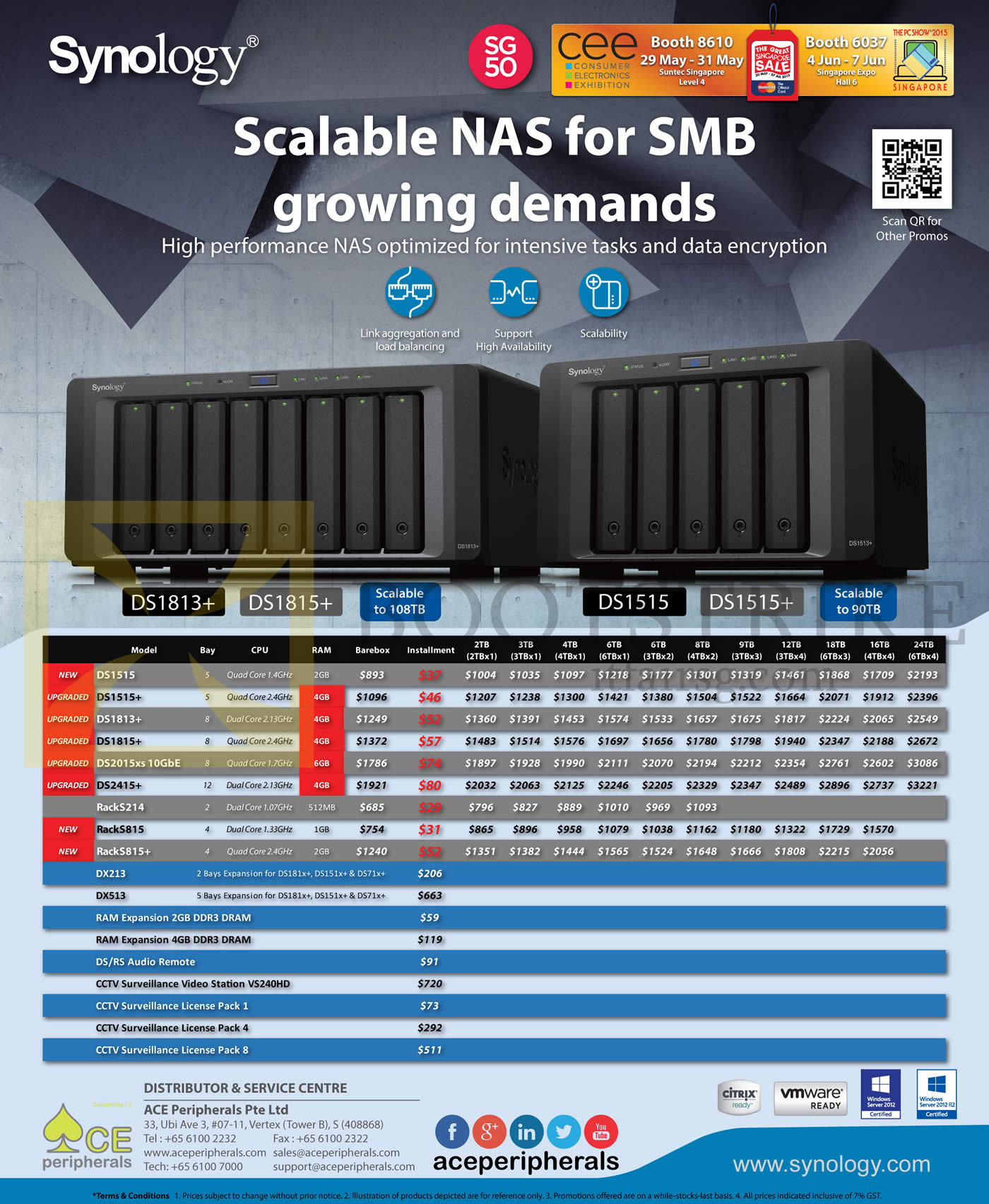 PC SHOW 2015 price list image brochure of Ace Peripherals Synology NAS DS1513 DS1813 DS2413 RS214 RS814 DX213 DX513 DS1515 DS1815 Plus