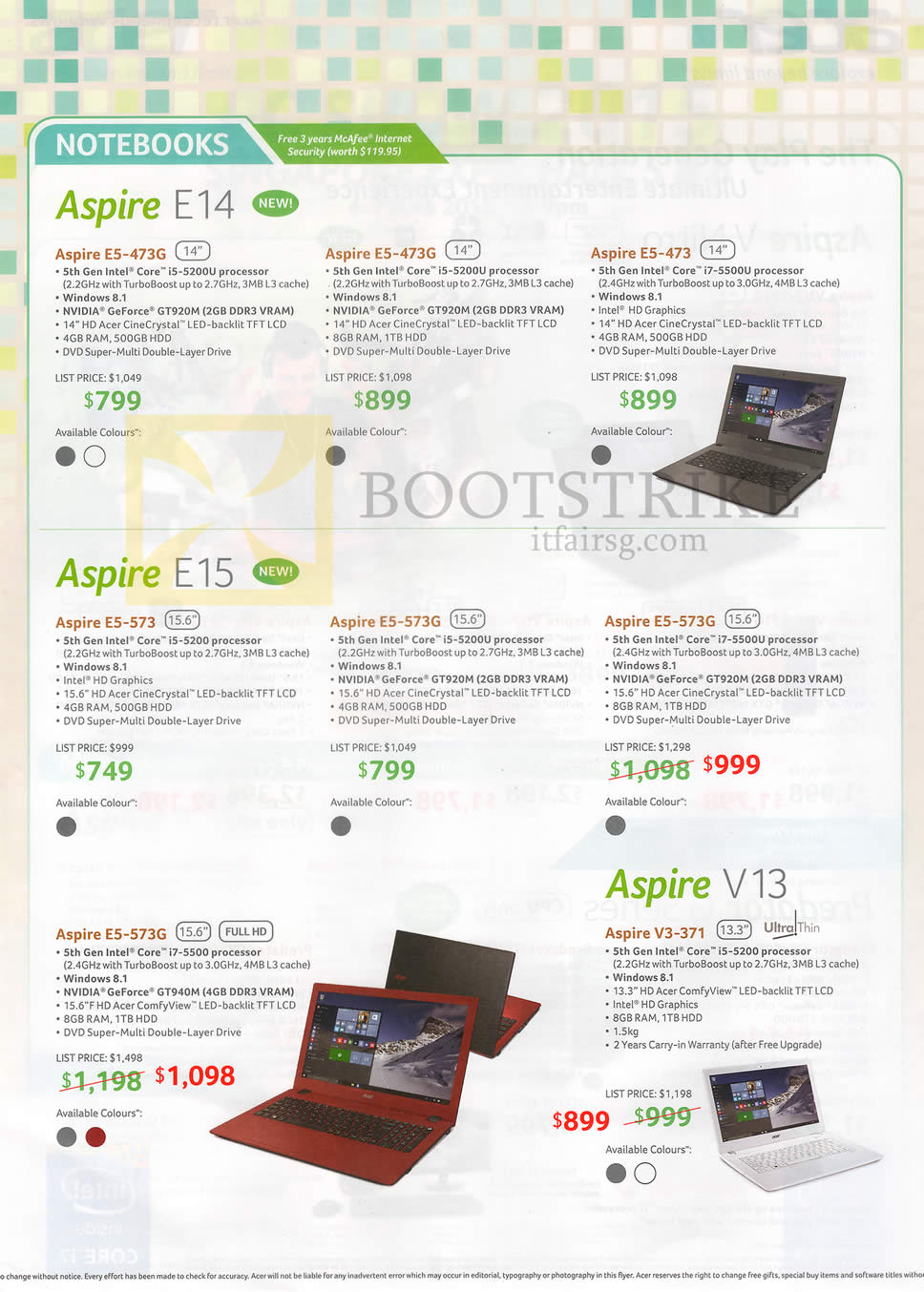 PC SHOW 2015 price list image brochure of Acer Notebooks Aspire E5-473, 473G, 573, 573G, V3-371