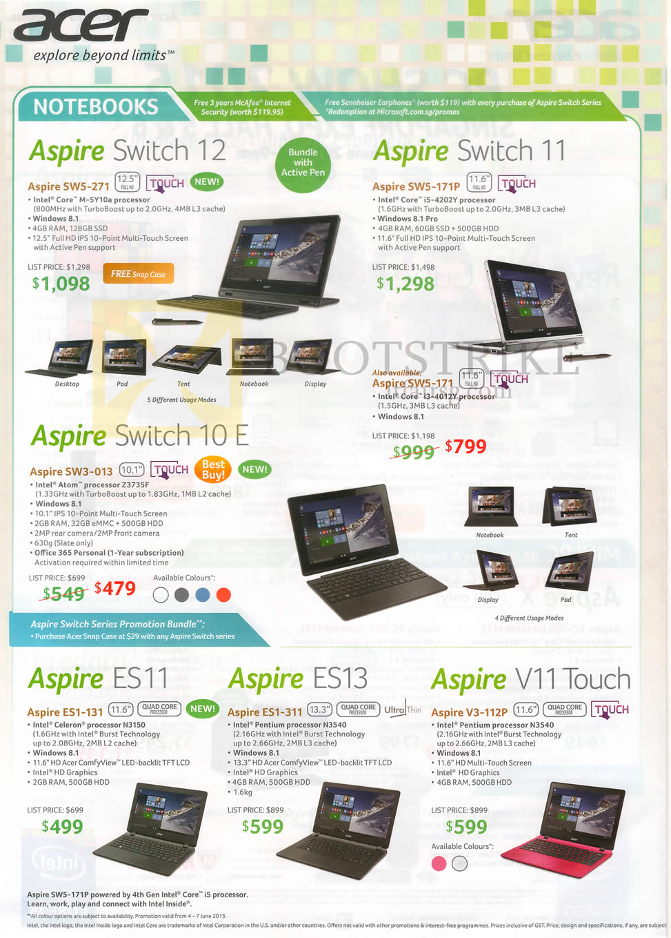 PC SHOW 2015 price list image brochure of Acer Notebooks Aspire Switch 10E, 11, 12, ES11, ES13, V11 Touch, Aspire SW5-271, 171P, 171, SW3-013, ES1-131, 311, V3-112P