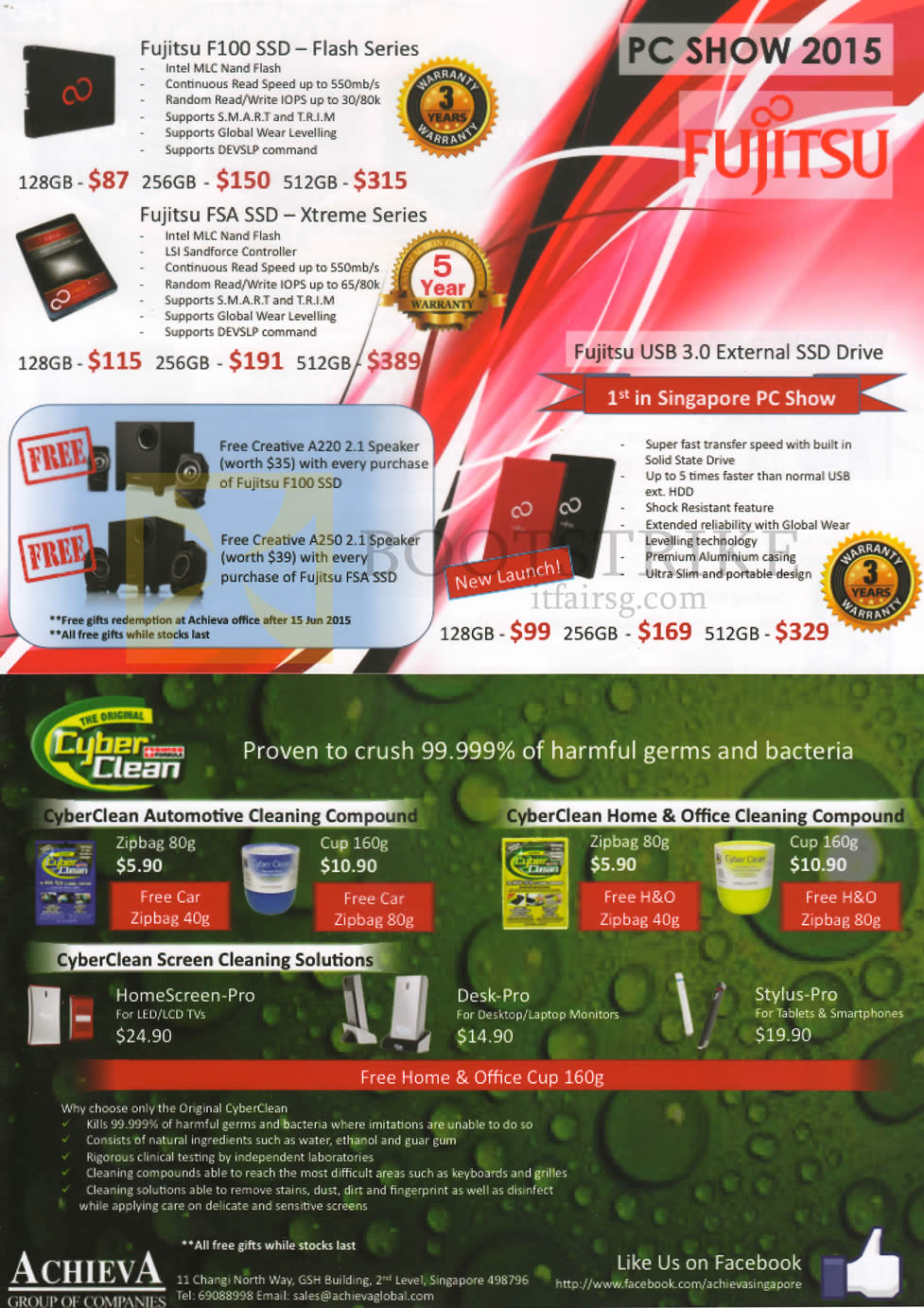 PC SHOW 2015 price list image brochure of Achieva Fujitsu SSD, Speakers, Cyberclean Cleaning Compounds, Fujitsu F100, FSA SSD