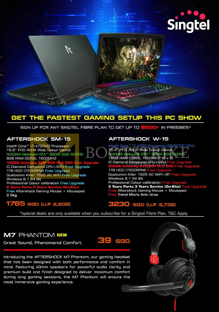 PC SHOW 2015 price list image brochure of Aftershock Notebooks SM-15, W-15, M7 Phantom Gaming Headset