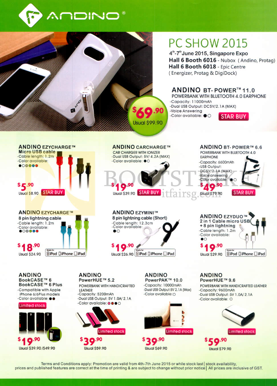 PC SHOW 2015 price list image brochure of Andino Cables, Bluetooth Earphone, Bookcase, Powerbank, Cable Micro USB