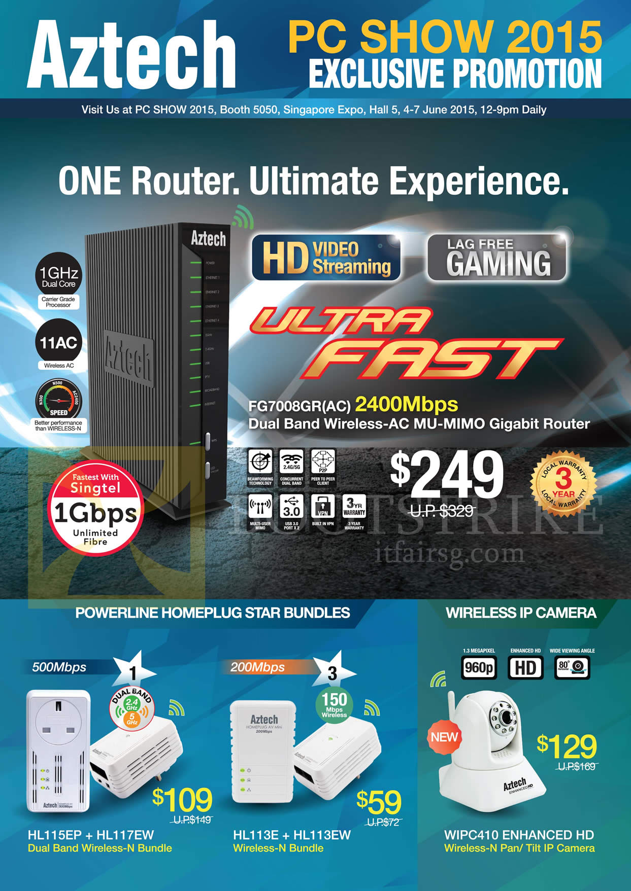 PC SHOW 2015 price list image brochure of Aztech Networking Router Homeplug Star Bundles, Wireless IPCam, FG7008GR, HL115EP, HL117EW, HL113E, HL113EW, WIPC410 Enhanced HD